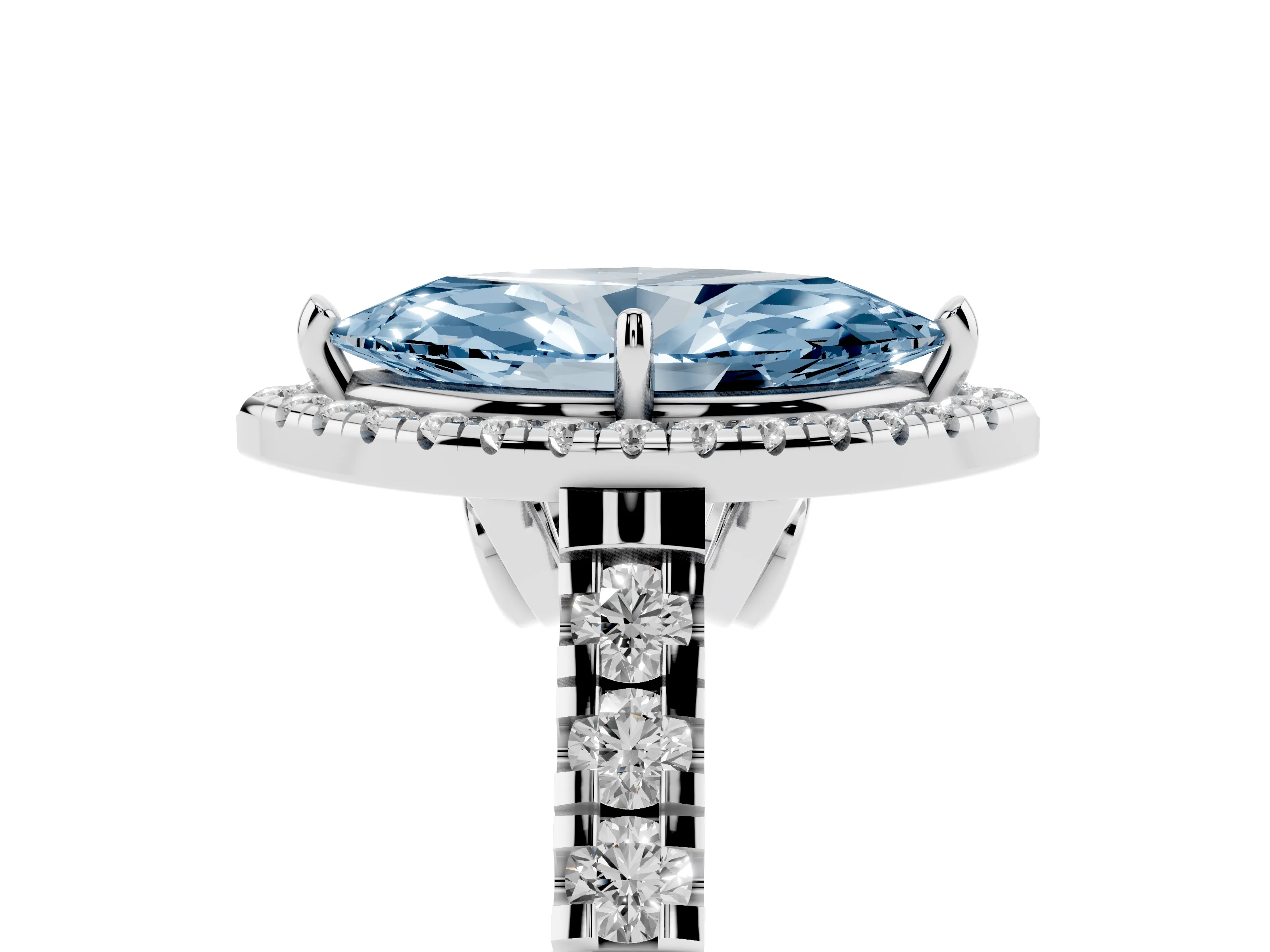 Fancy Blue Marquise Cut Diamond Halo Engagement Ring Set in White gold with Pavé Band and Prong-Set Center