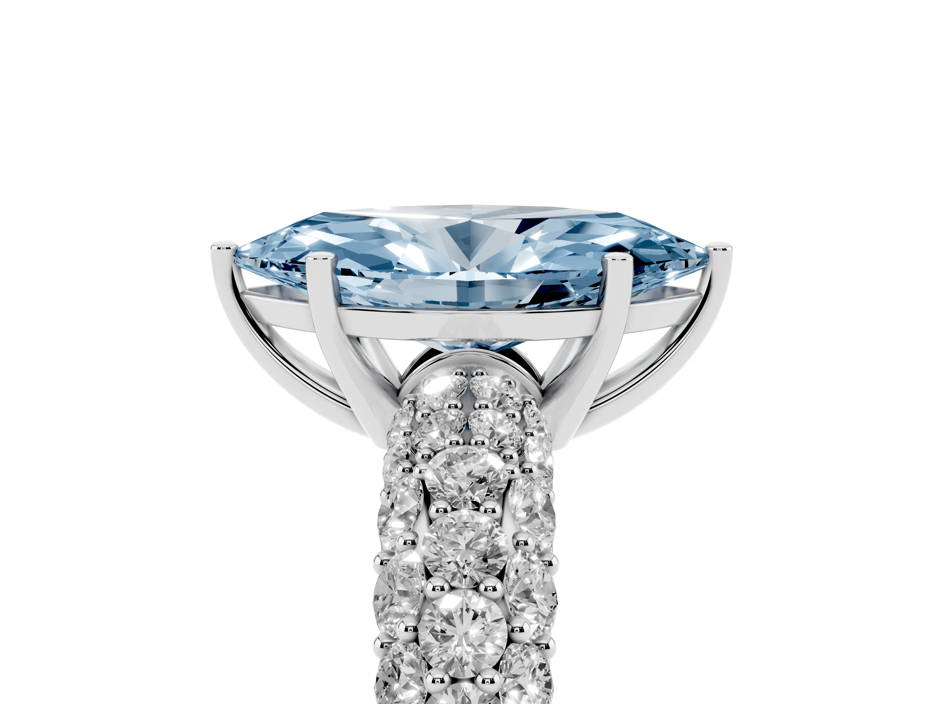 Fancy Blue Marquise Cut Diamond Pavé Band Solitaire Ring Set in White gold with Close-Set Accent Stones and Prong Setting
