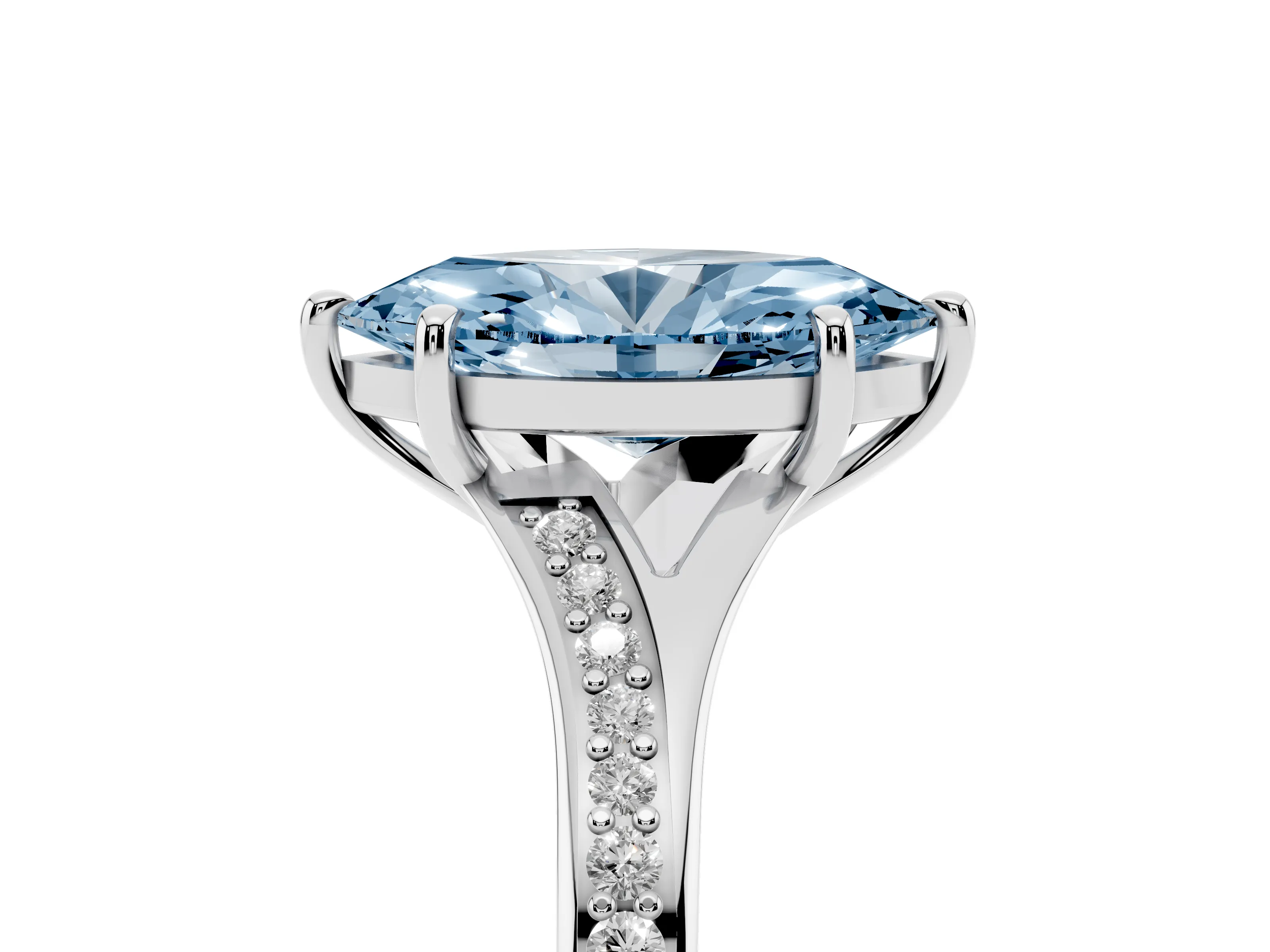 Fancy Blue Marquise Cut Diamond Solitaire Ring Set in Platinum with Pavé Accent Band and Classic Prong Setting