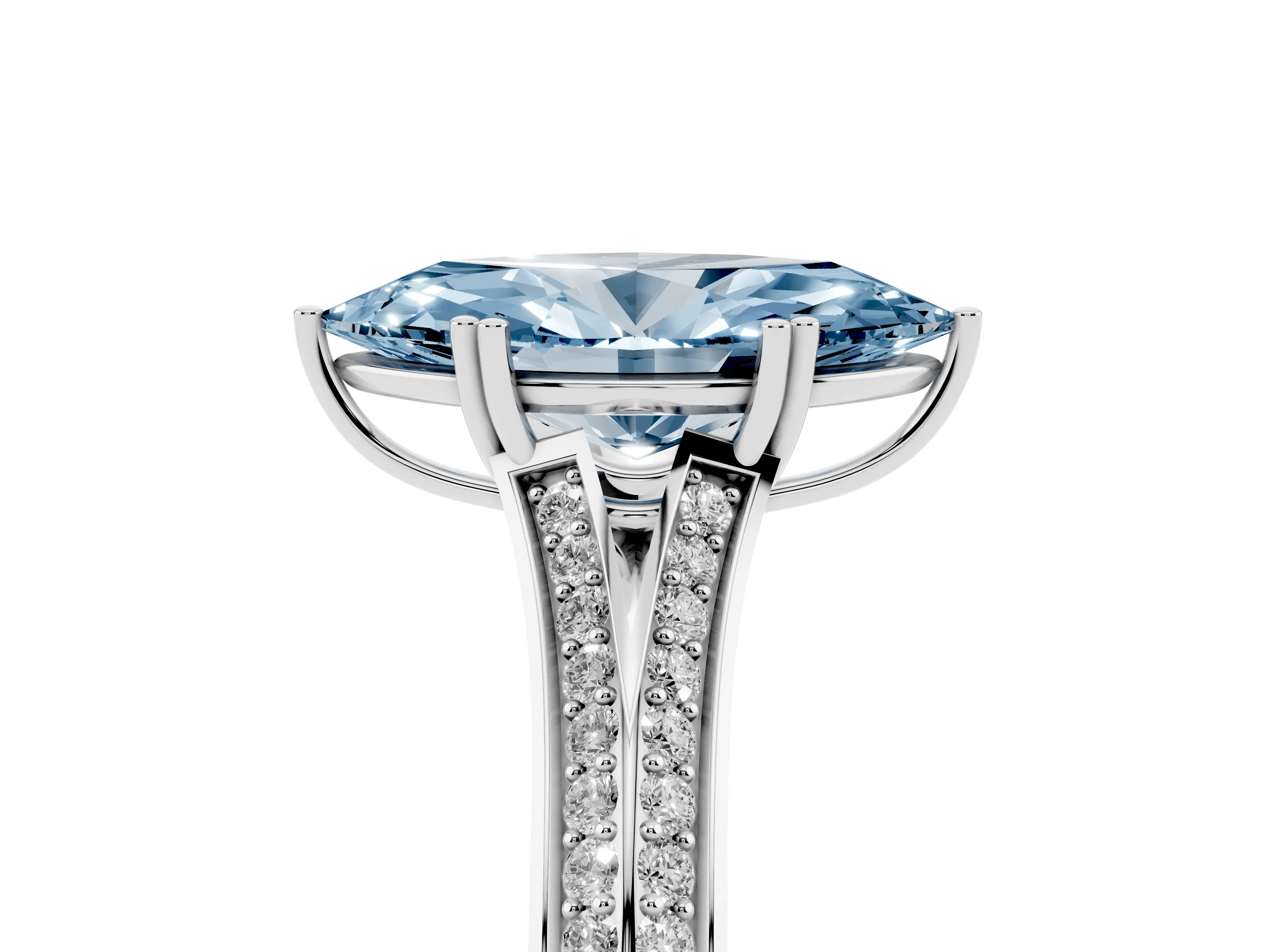Fancy Blue Marquise Cut Diamond Split Shank Pavé Engagement Ring Set in White gold with Prong-Set Center Stone