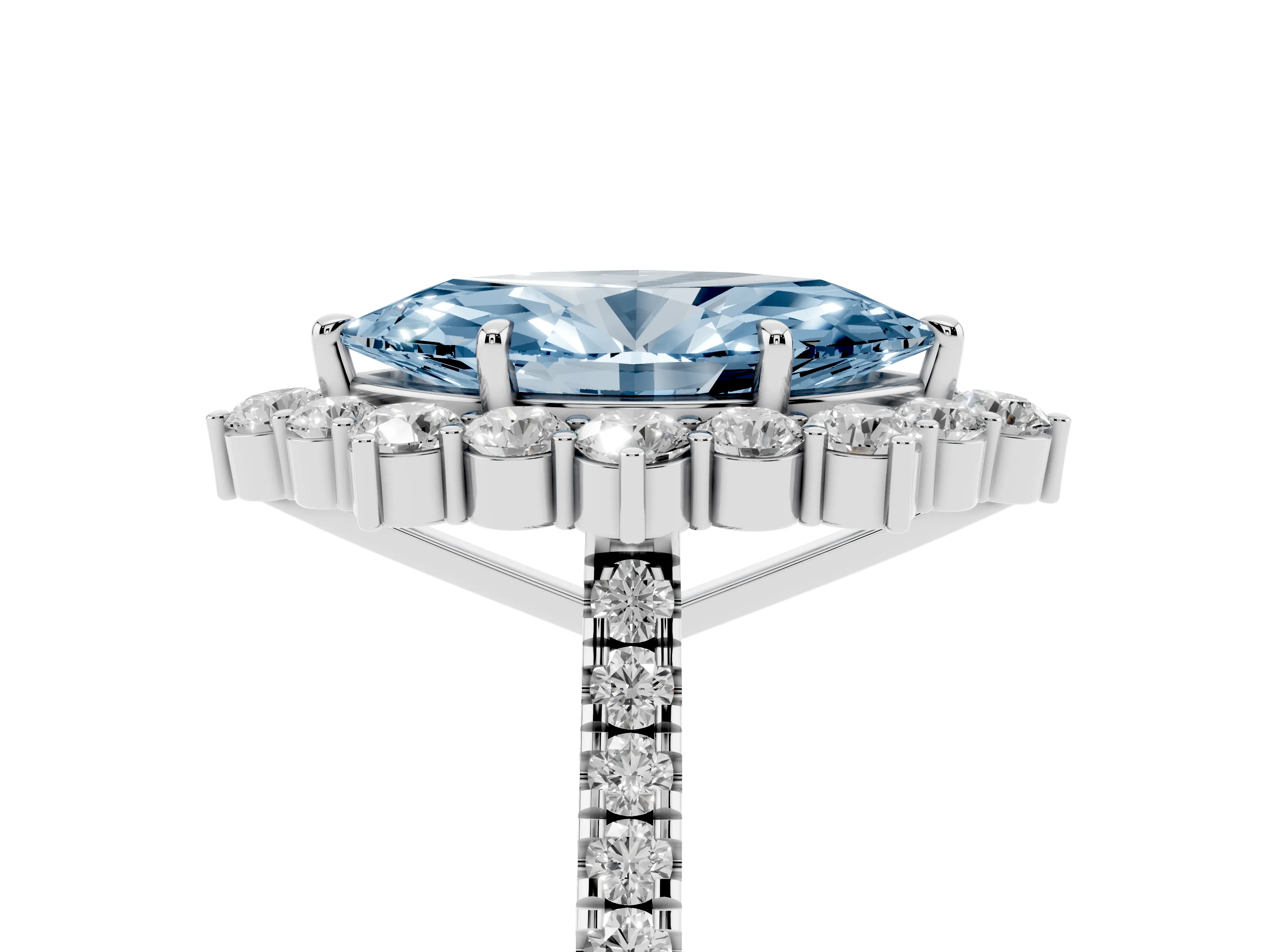 Fancy Blue Marquise Cut Diamond Halo Ring Set in White gold with Pavé Band and Prong Setting