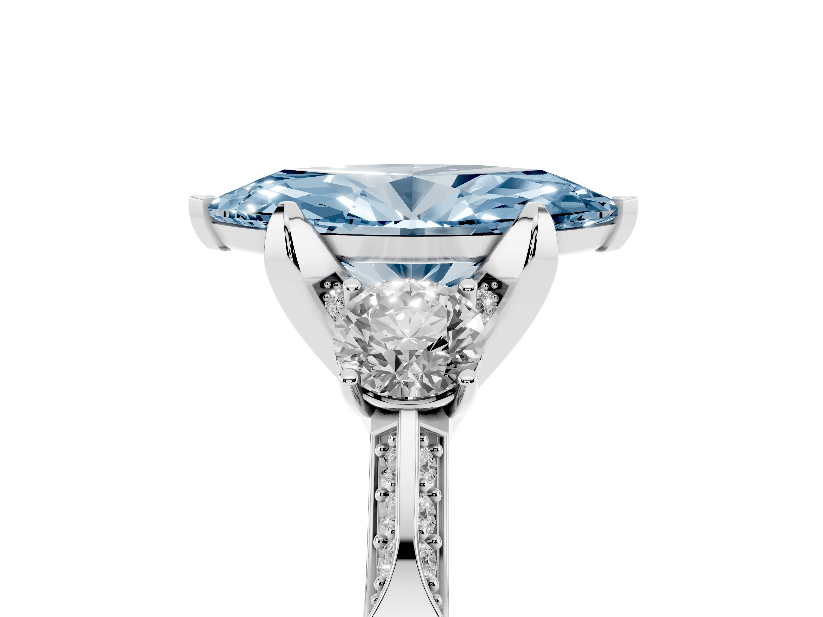 Fancy Blue Marquise Cut Diamond Three-Stone Ring Set in White gold with Pavé Band and Smaller Side Stones