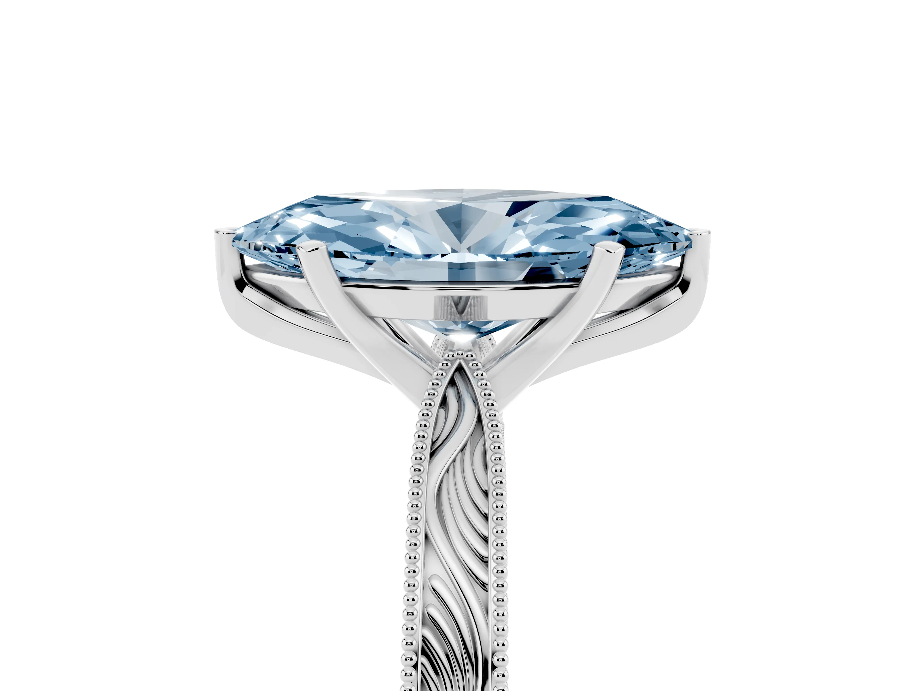 Fancy Blue Marquise Cut Diamond Solitaire Milgrain Engraved Band Set in White gold with Prong Setting