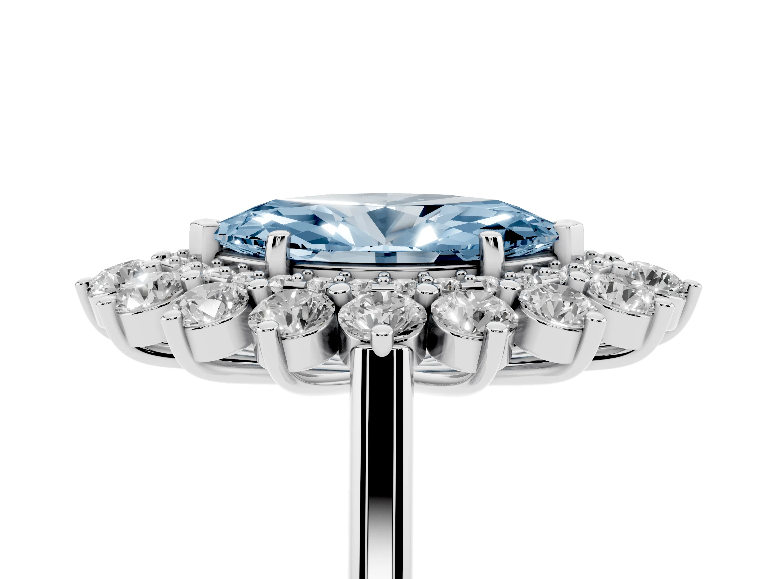Fancy Blue Marquise Cut Diamond Floral Double Halo Ring Set in Platinum with Round Petals