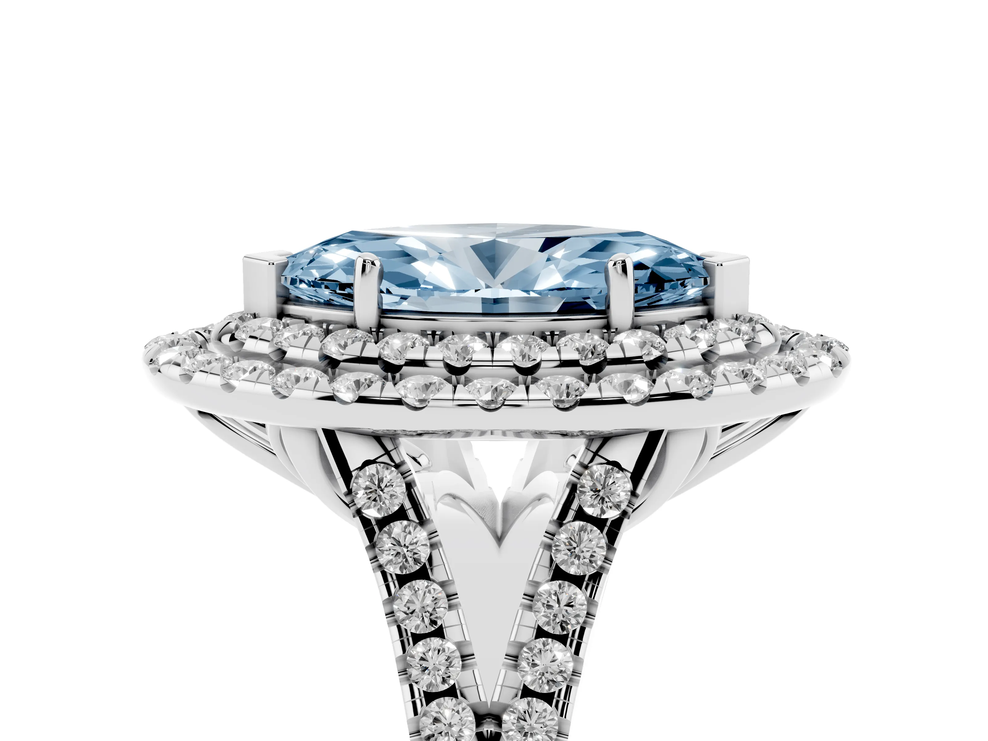 Fancy Blue Marquise Cut Diamond Double Halo Ring Set in Platinum with Pavé Split Shank and Prong Setting