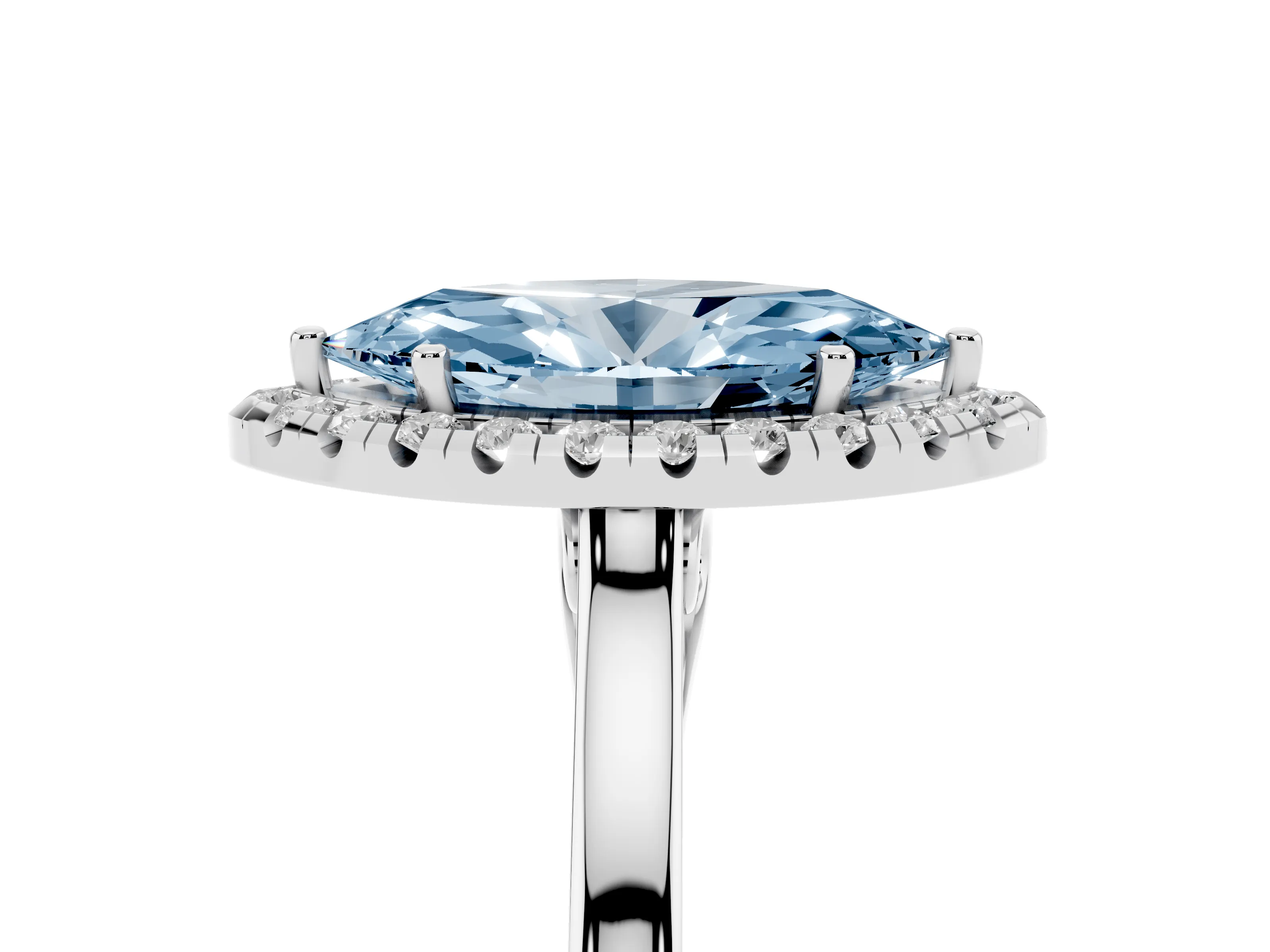 Fancy Blue Marquise Cut Halo Round Diamond Solitaire Ring Set in Platinum with Pavé Band and Prong Setting