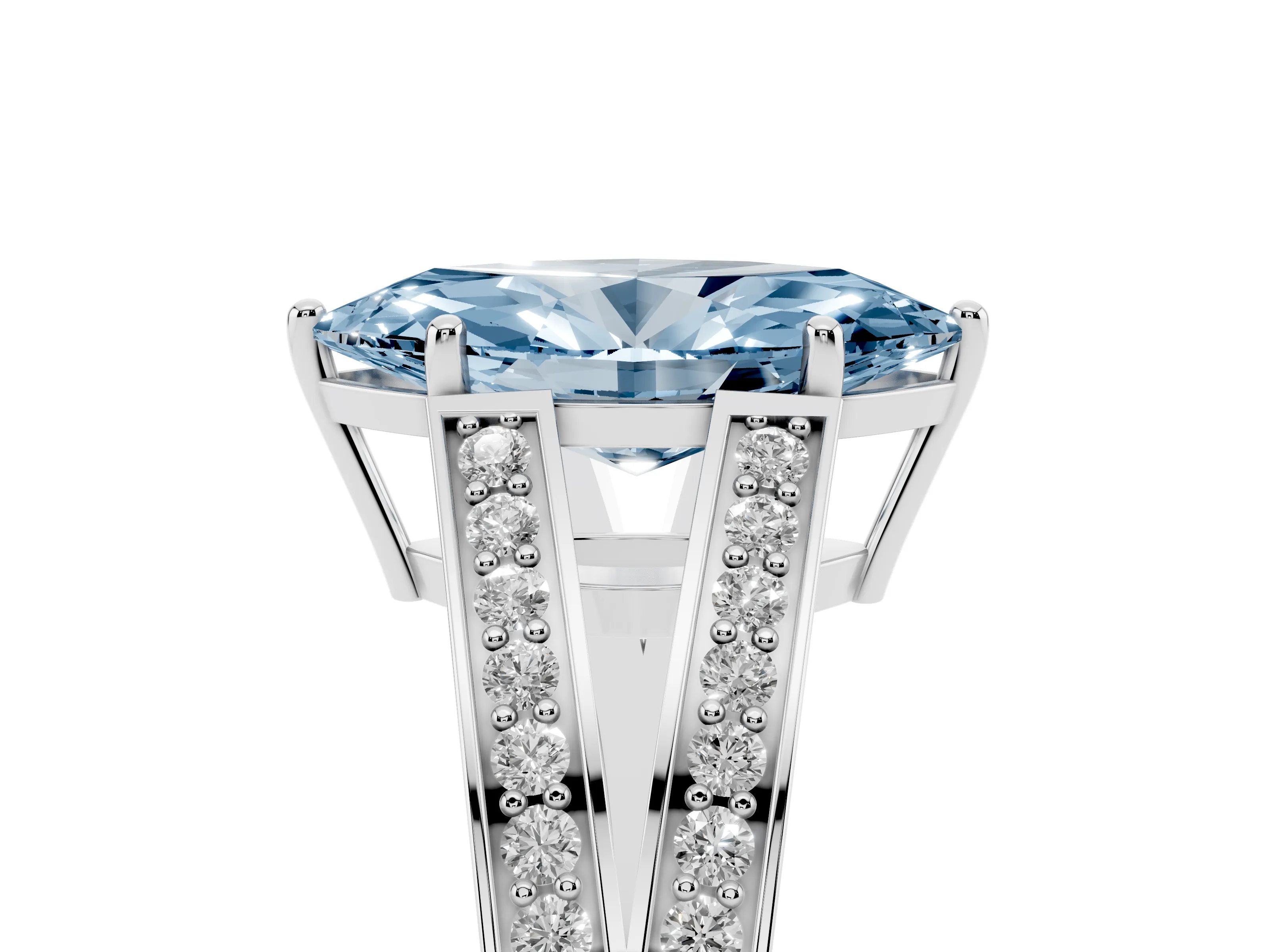 Fancy Blue Marquise Cut Diamond Split Shank Ring Set in Silver with Pavé Band and Prong Setting