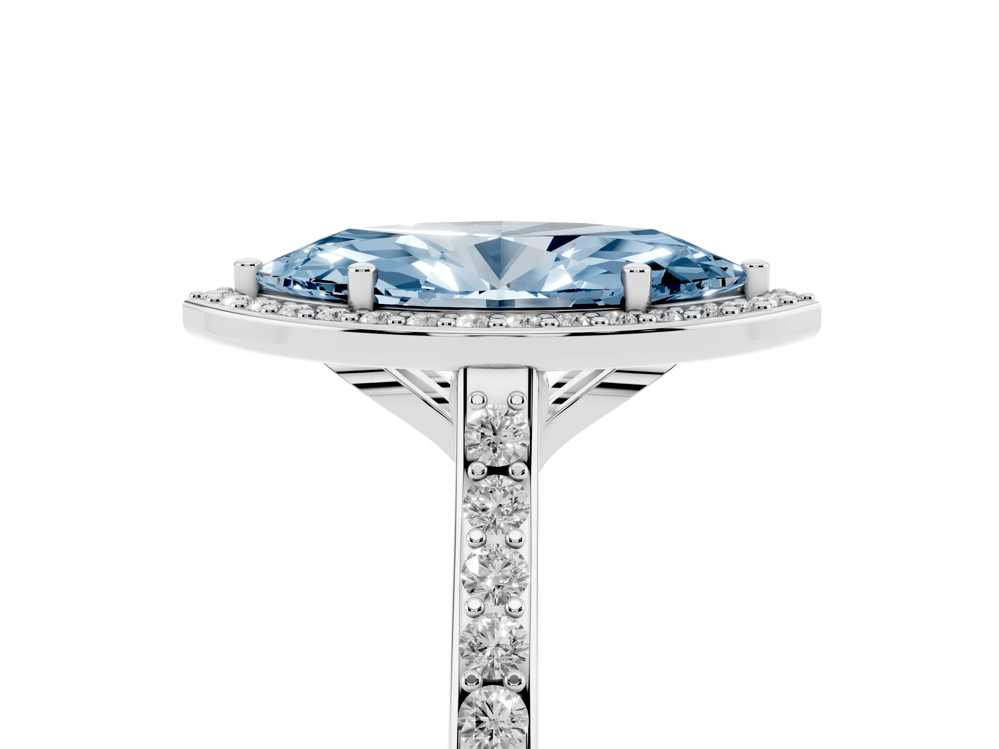 Fancy Blue Marquise Cut Diamond Halo Engagement Ring Set in Silver with Round Pavé Shoulders and Heart Gallery
