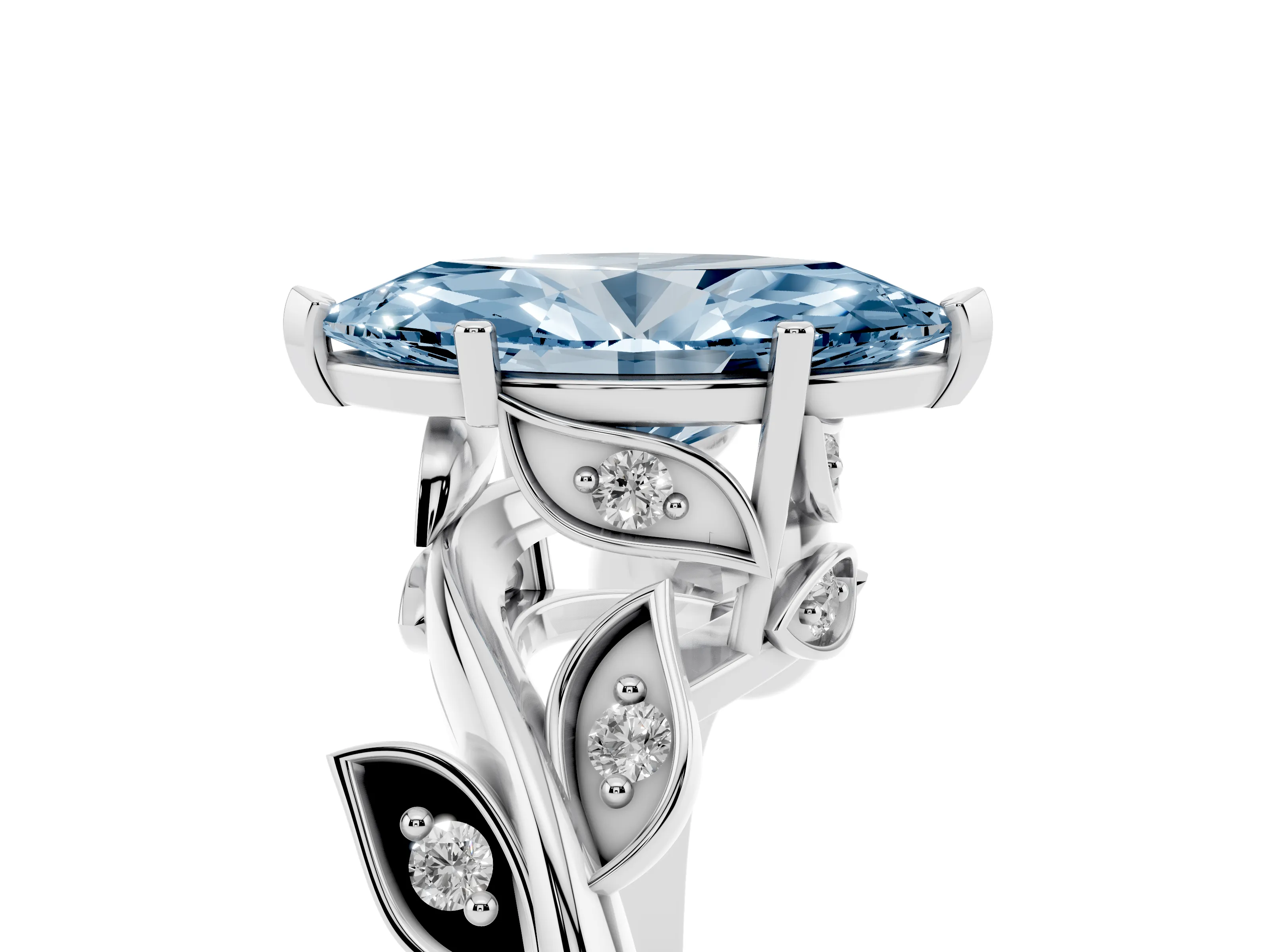 Fancy Blue Marquise Cut Diamond Solitaire Twist Engagement Ring Set in White gold with Pavé Leaf Accents