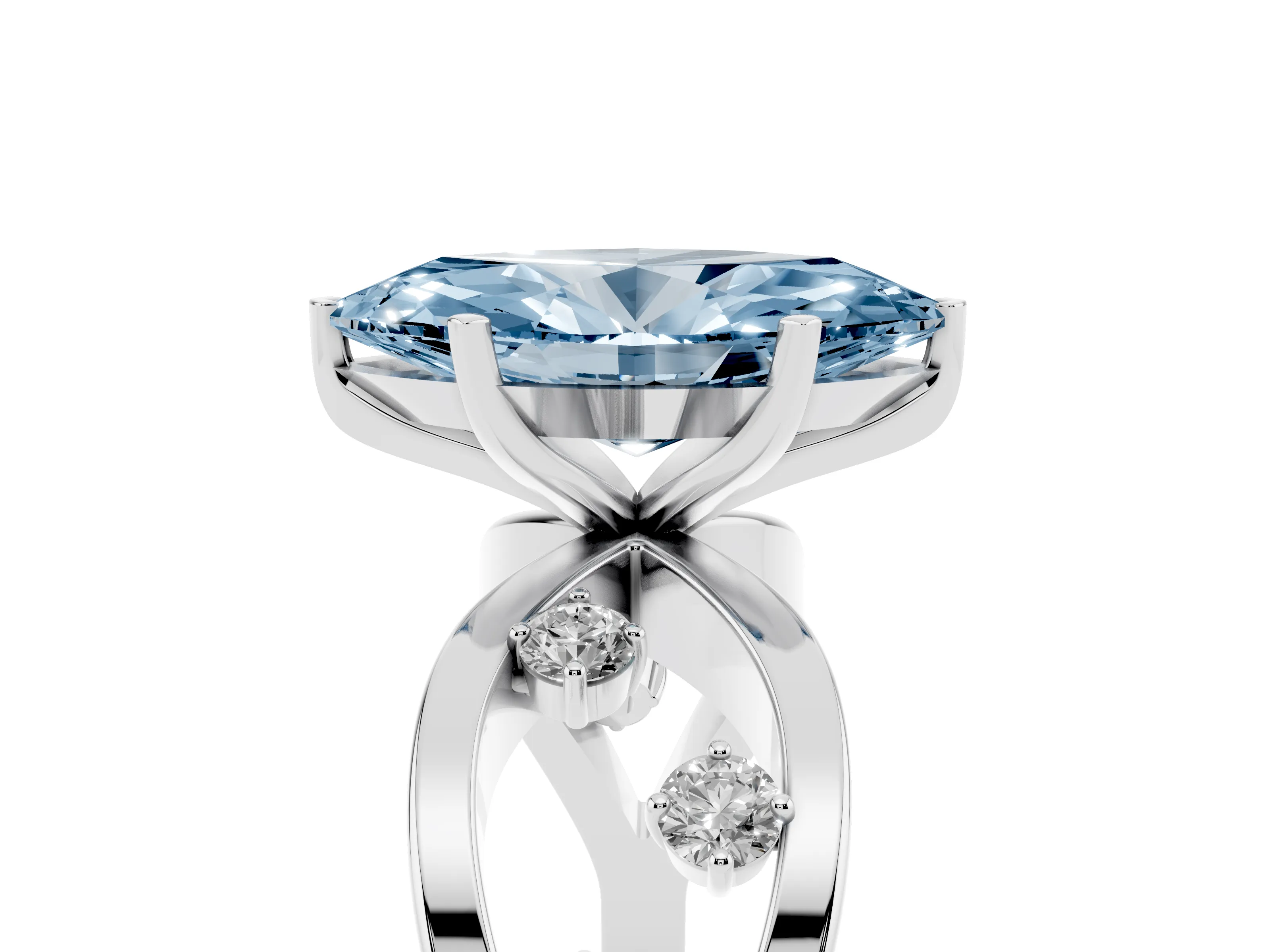 Fancy Blue Marquise Cut Diamond Solitaire Ring Set in Silver with Side Stones on Criss-Cross Band and Prong Setting