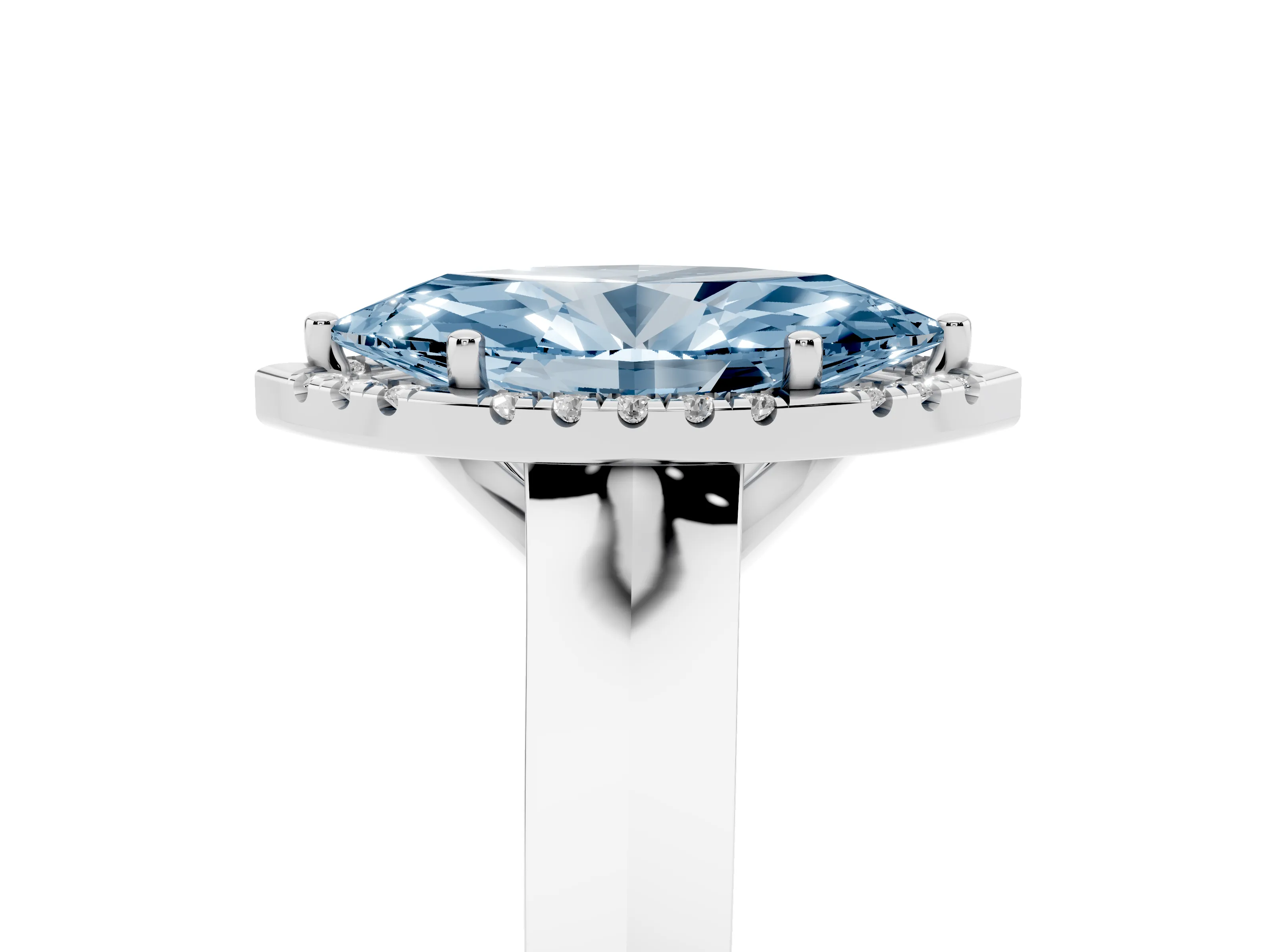 Fancy Blue Marquise Cut Diamond Halo Ring Set in White gold with Cathedral Band and Prong Setting