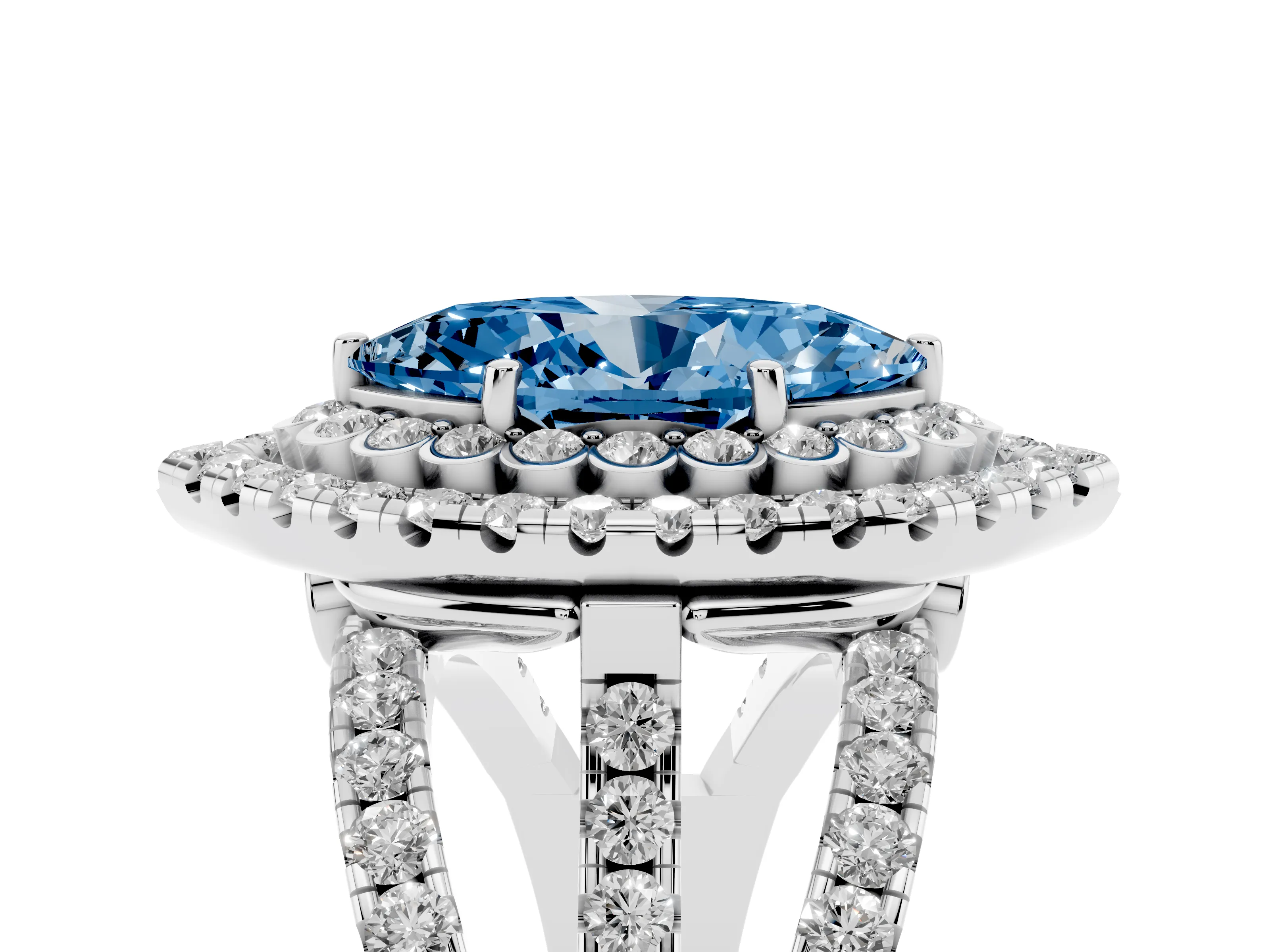 Fancy Blue Marquise Cut Diamond Double Halo Ring Set in White gold with Round Pavé Split Shank