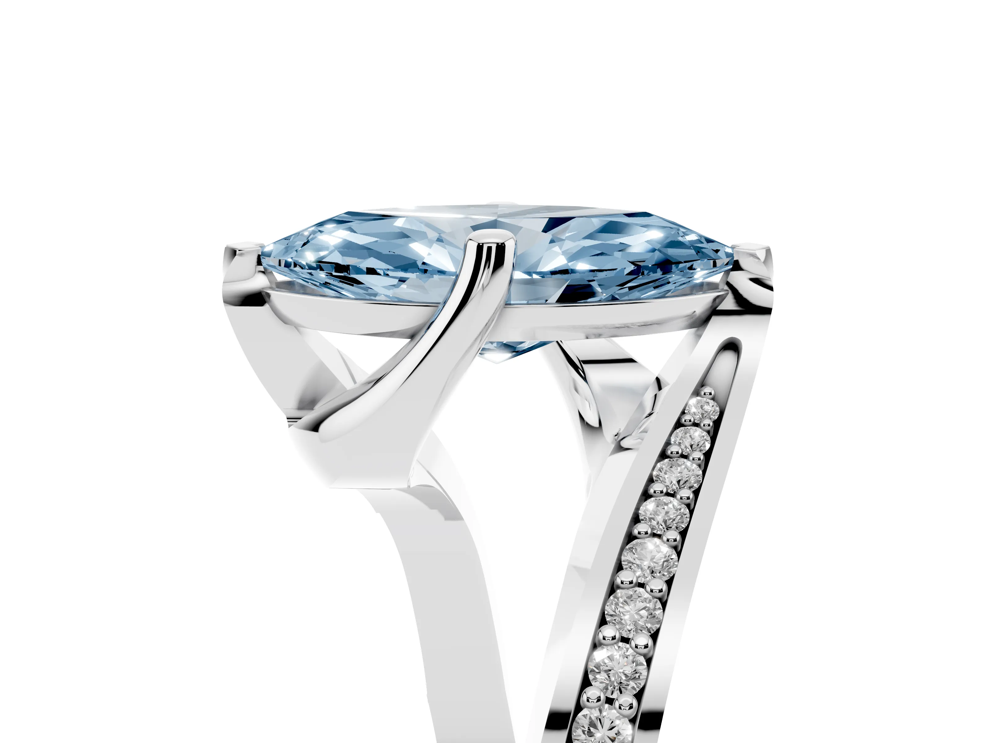 Fancy Blue Marquise Cut Diamond Solitaire Ring Set in Platinum with Intertwined Pavé Twist Band