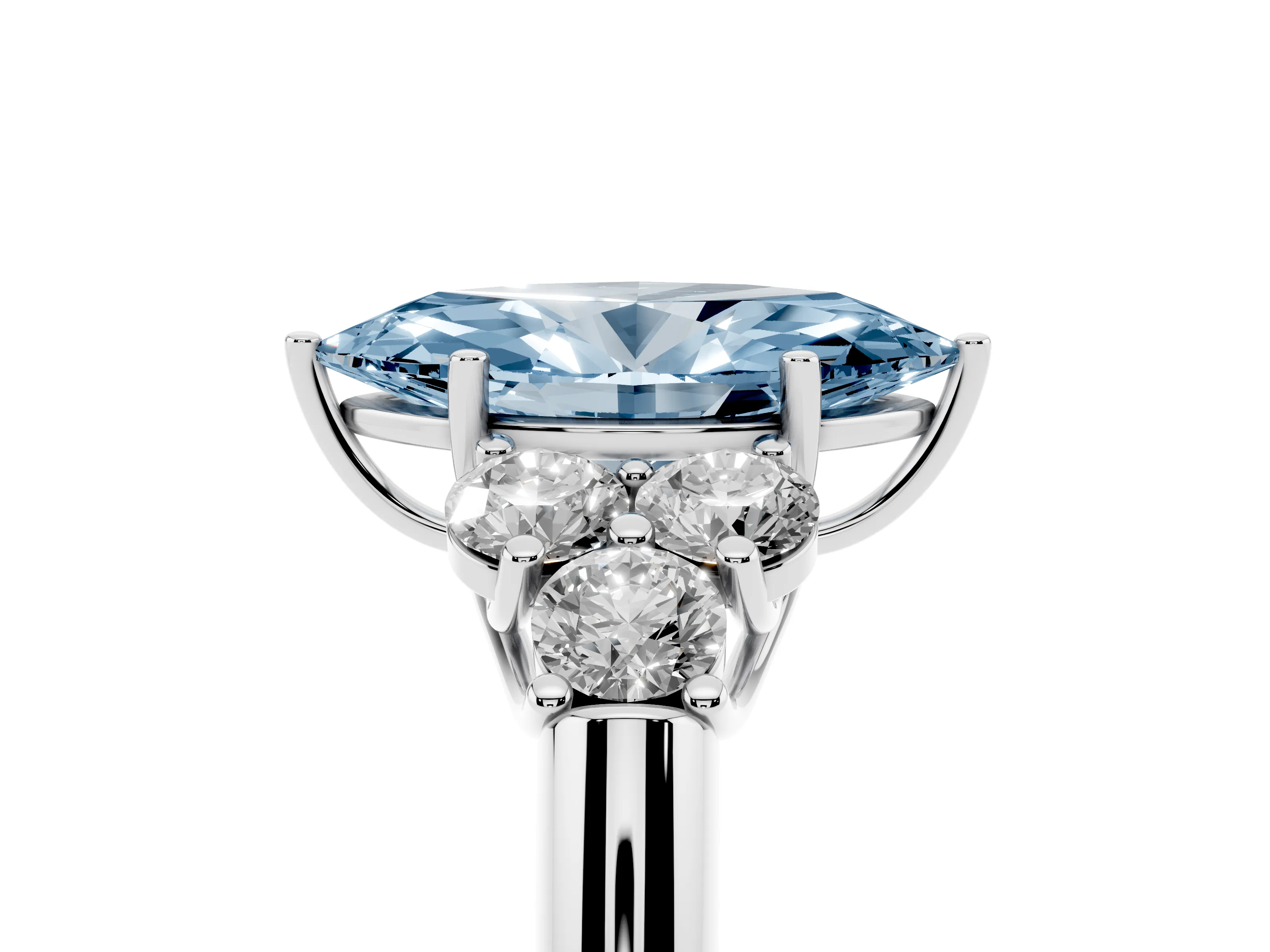 Fancy Blue Marquise Cut Diamond Cluster Ring Set in Platinum with Round Accent Stones and Prong Setting on a Plain Band