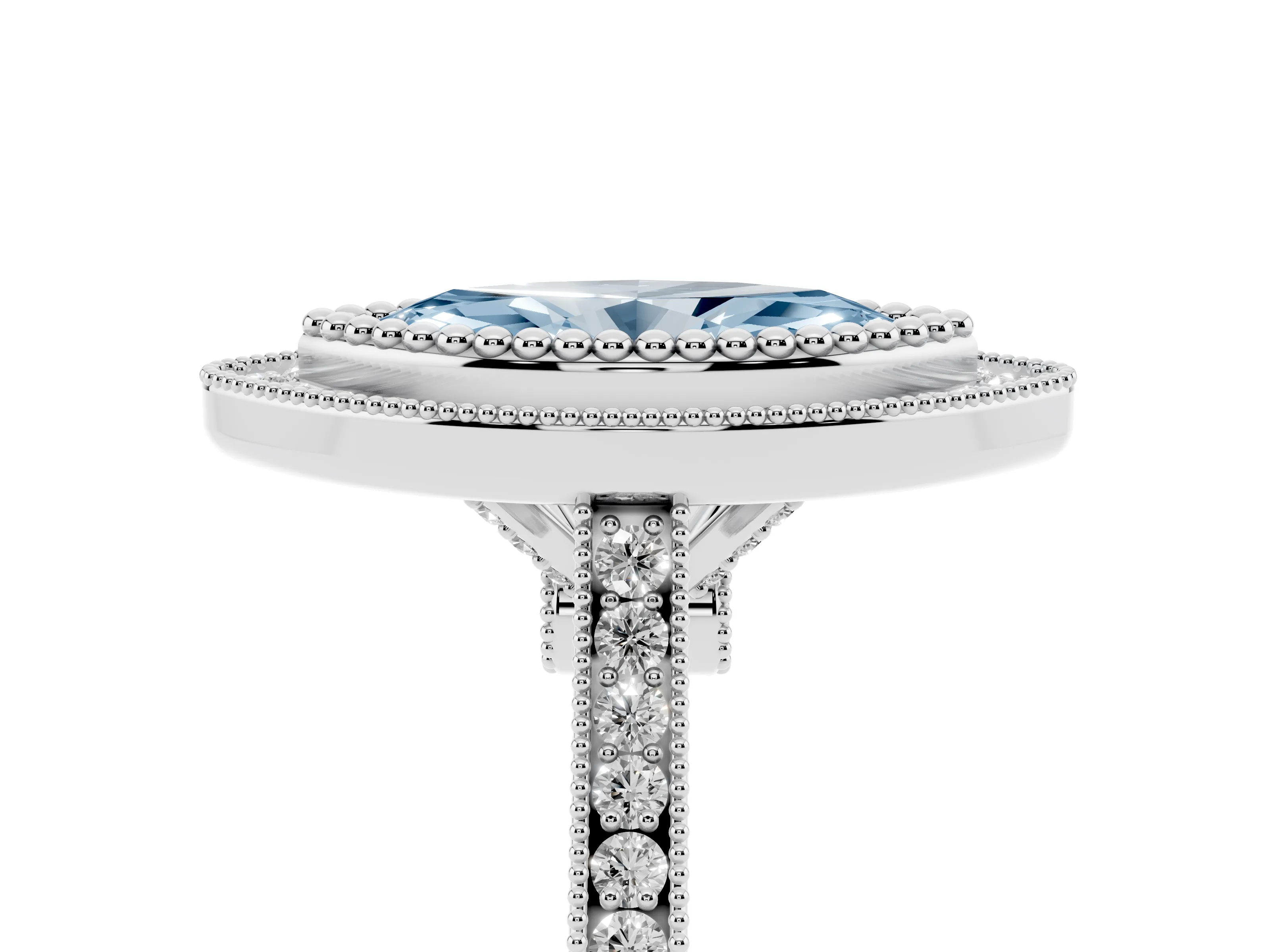 Fancy Blue Marquise Cut Diamond Halo Ring Set in Silver with Milgrain Frame and Pavé Band