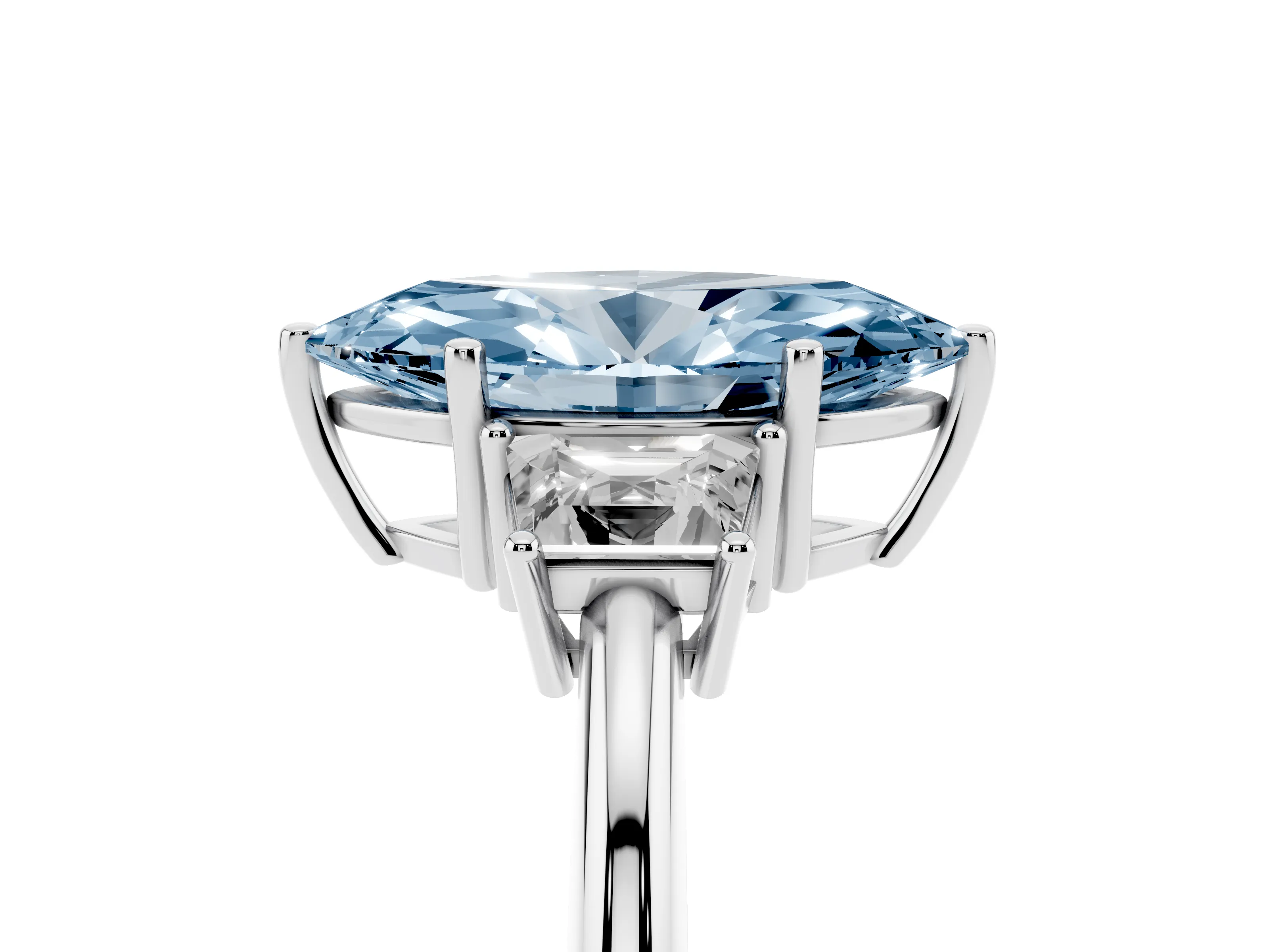 Fancy Blue Marquise Cut Diamond Three-Stone Ring Set in Silver with Trapezoid Side Stones and Prong Setting