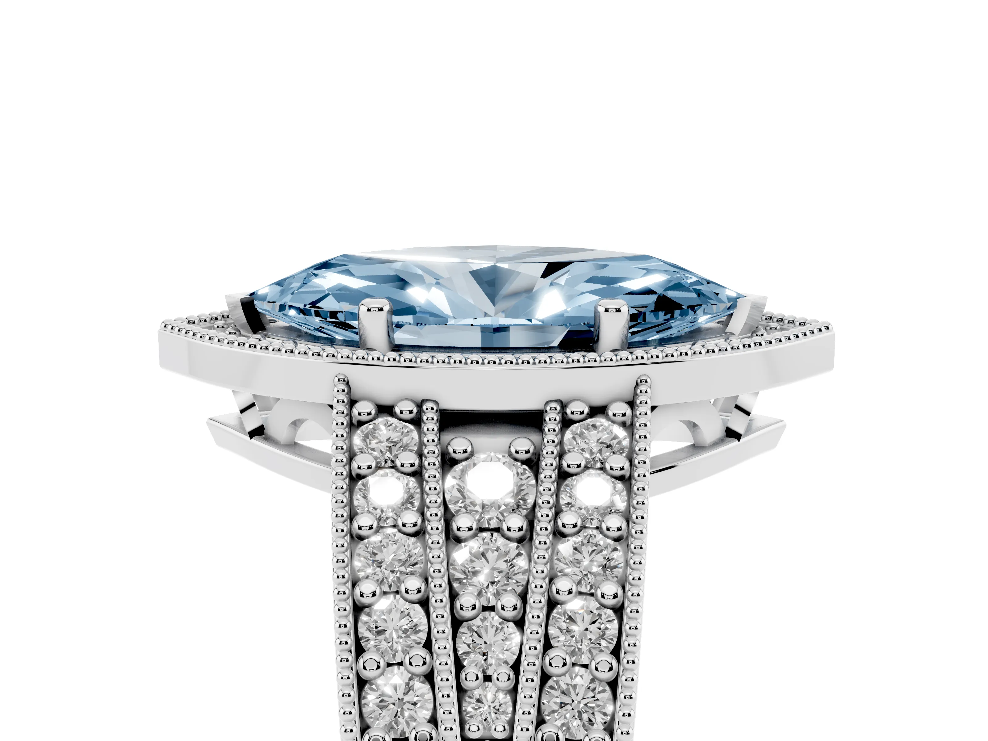 Fancy Blue Marquise Cut Diamond Halo Ring Set in Silver with Accent Split Shank and Prong Setting