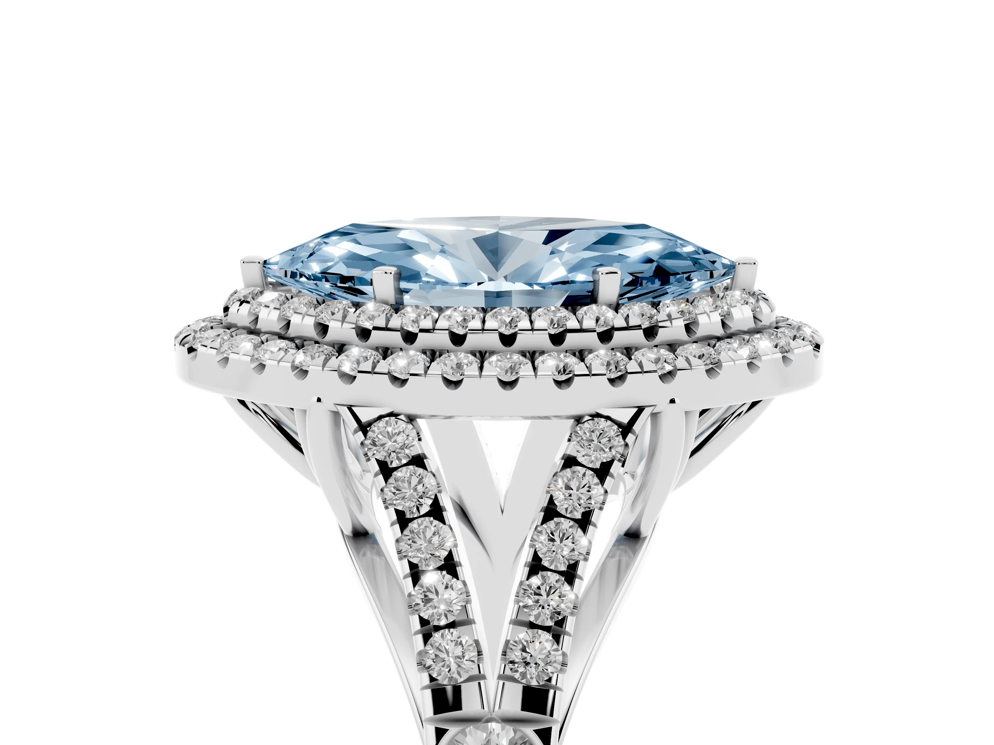 Fancy Blue Marquise Cut Diamond Pavé Split Shank Double Halo Engagement Ring Set in Platinum