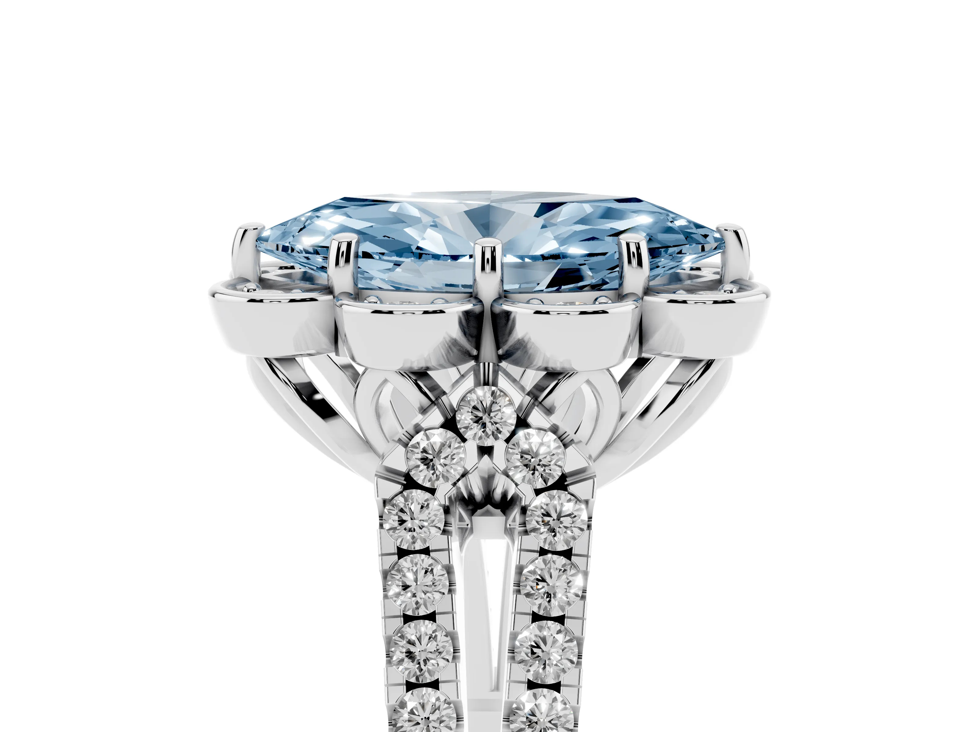 Fancy Blue Marquise Cut Diamond Floral Halo Split Shank Engagement Ring Set in Platinum with Pavé Shank