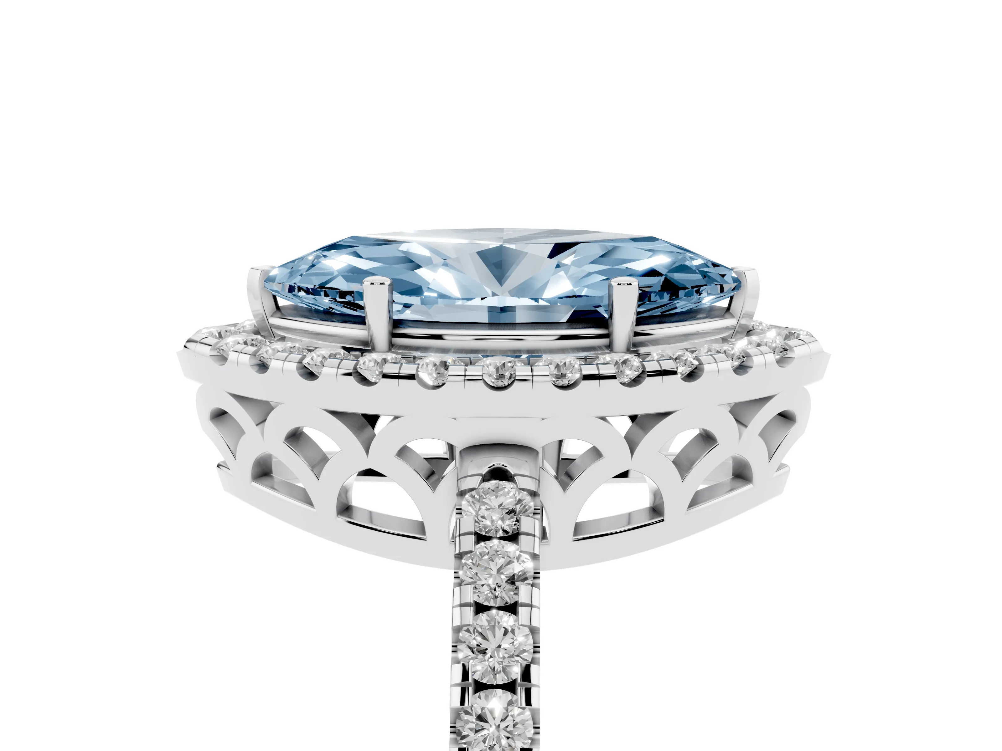 Fancy Blue Marquise Cut Diamond Pavé Band Halo Engagement Ring Set in Platinum with Prong Setting