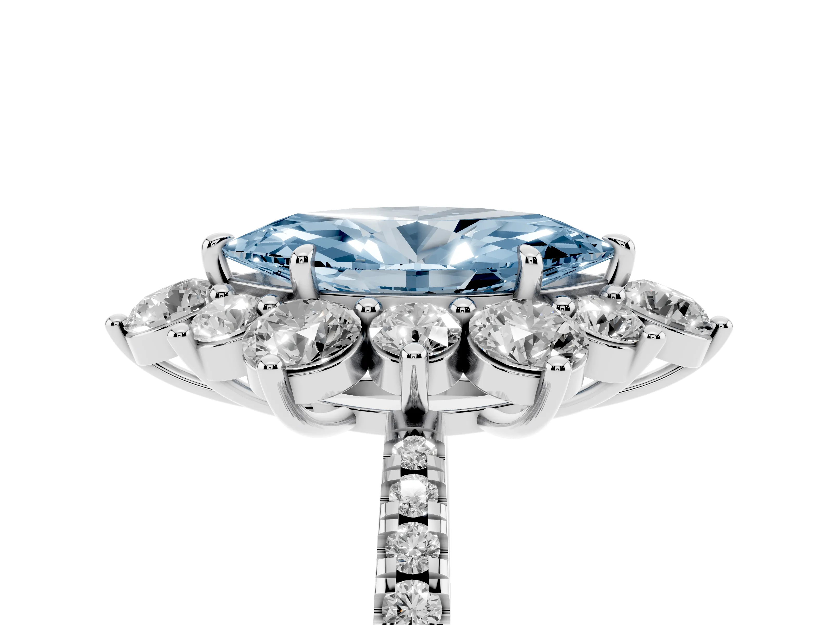Fancy Blue Marquise Cut Diamond Floral Halo Ring Set in White gold with Round Pavé Band and Prong Setting