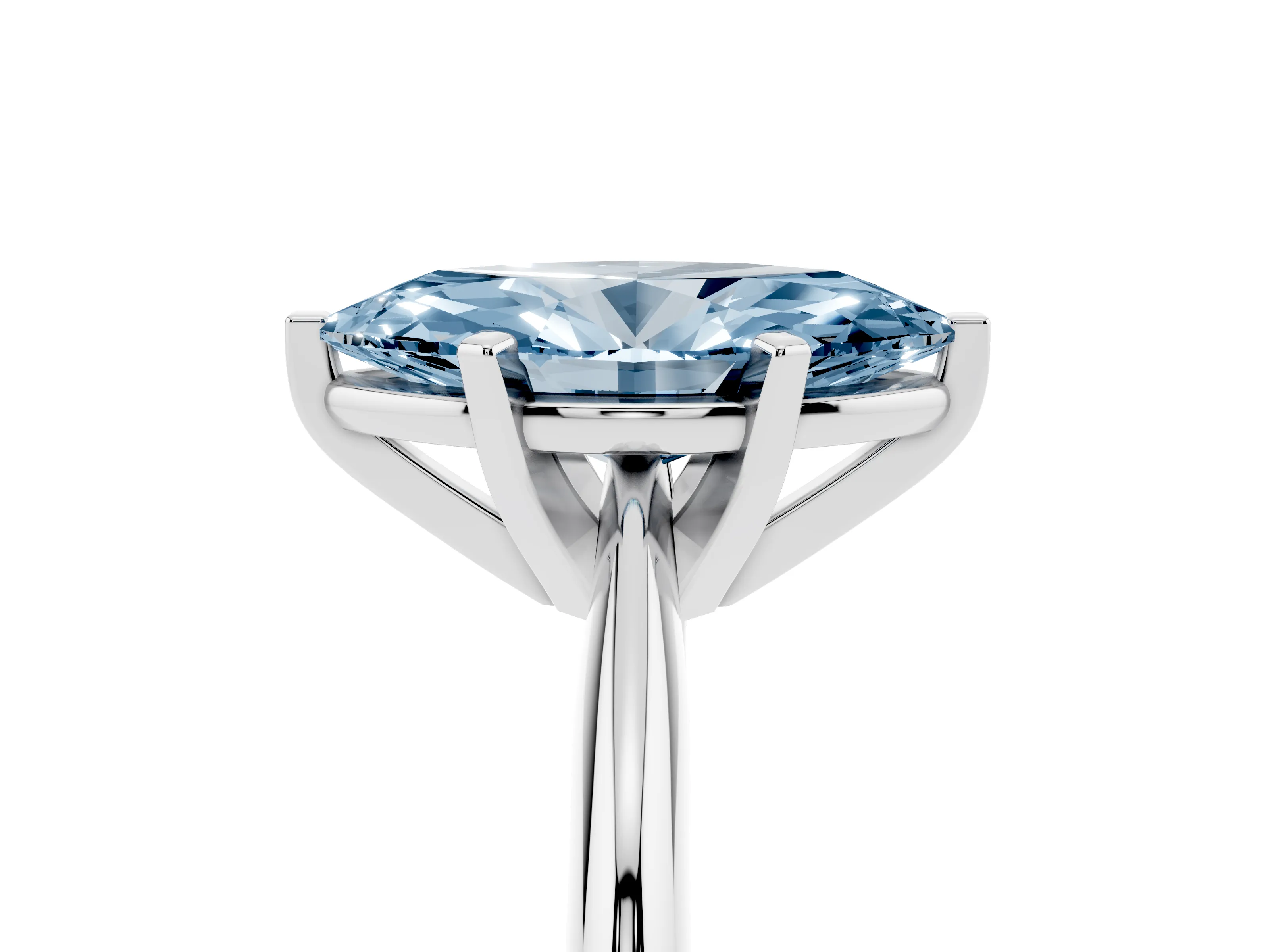 Fancy Blue Marquise Cut Diamond Solitaire Ring Set in Platinum with Prong Setting on a Plain Round Band
