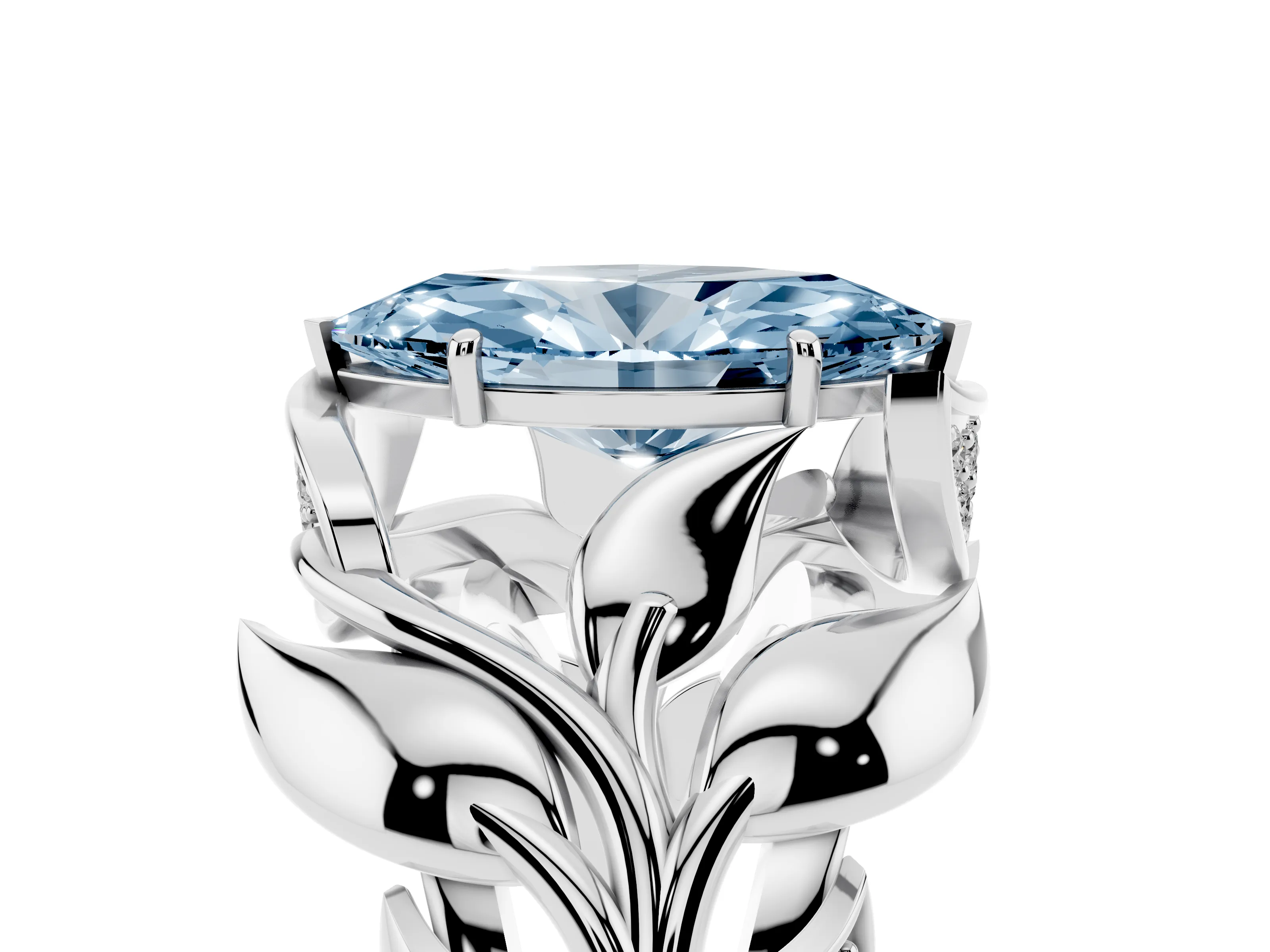 Fancy Blue Marquise Cut Diamond Leaf-Inspired Engagement Ring Set in Platinum with Round Accents
