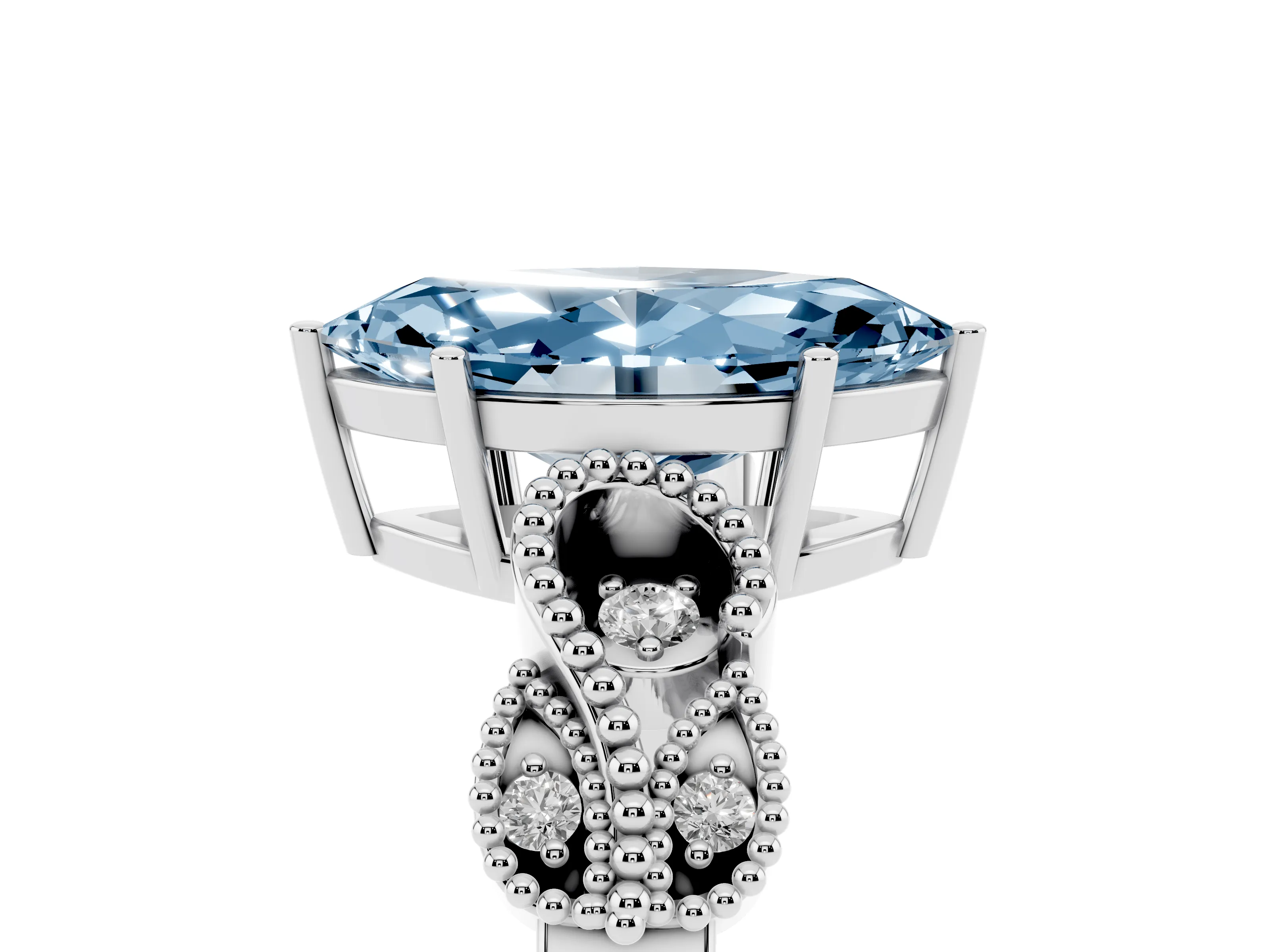 Fancy Blue Marquise Cut Diamond Milgrain Leaf Band Solitaire Ring Set in Platinum with Accent Stones and Prong Setting