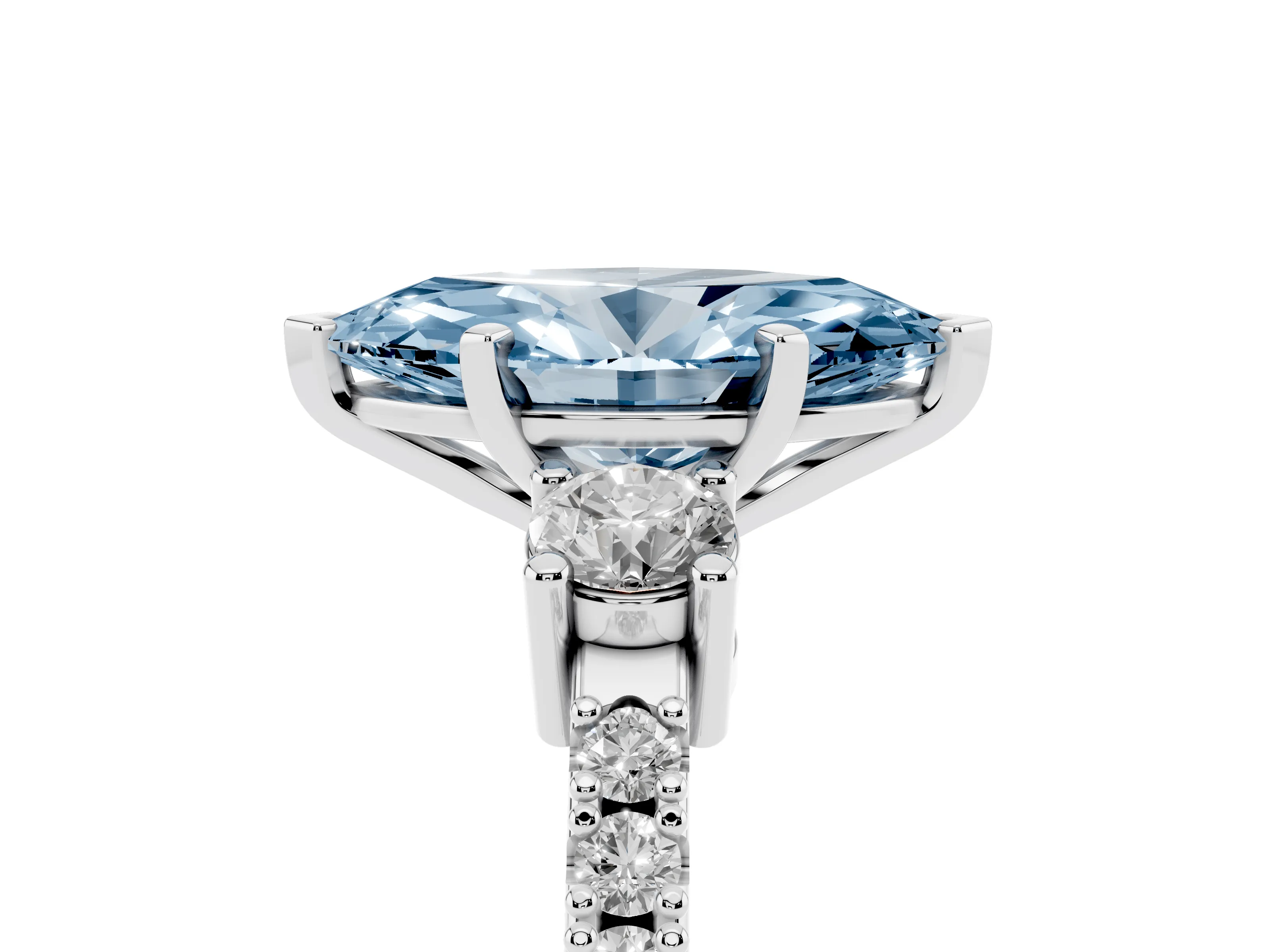 Fancy Blue Three-Stone Marquise Cut Diamond Pavé Band Ring Set in Silver with Prong Setting