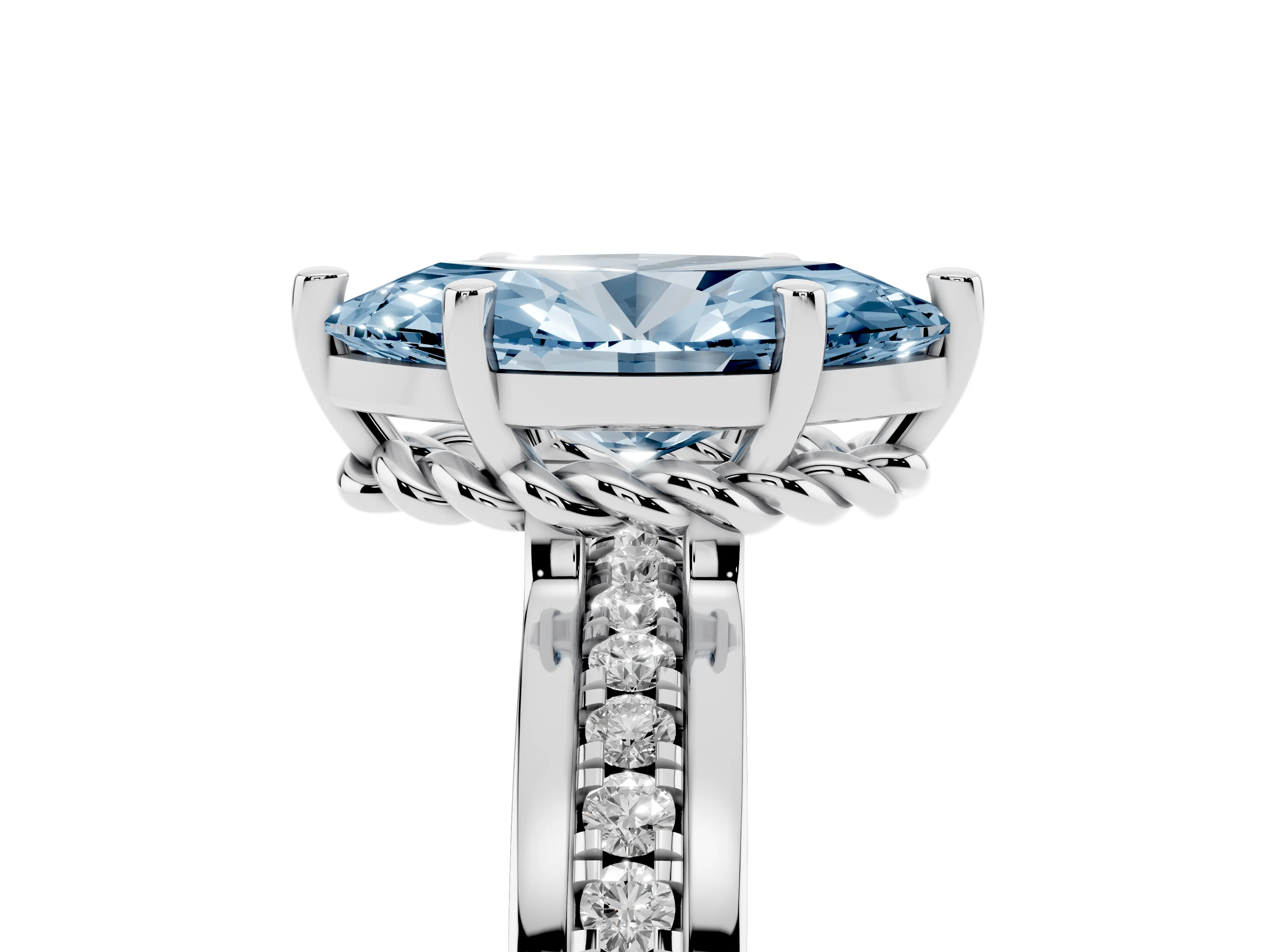 Fancy Blue Marquise Cut Diamond Solitaire Ring Set in Platinum with Channel Set Band and Prong Setting