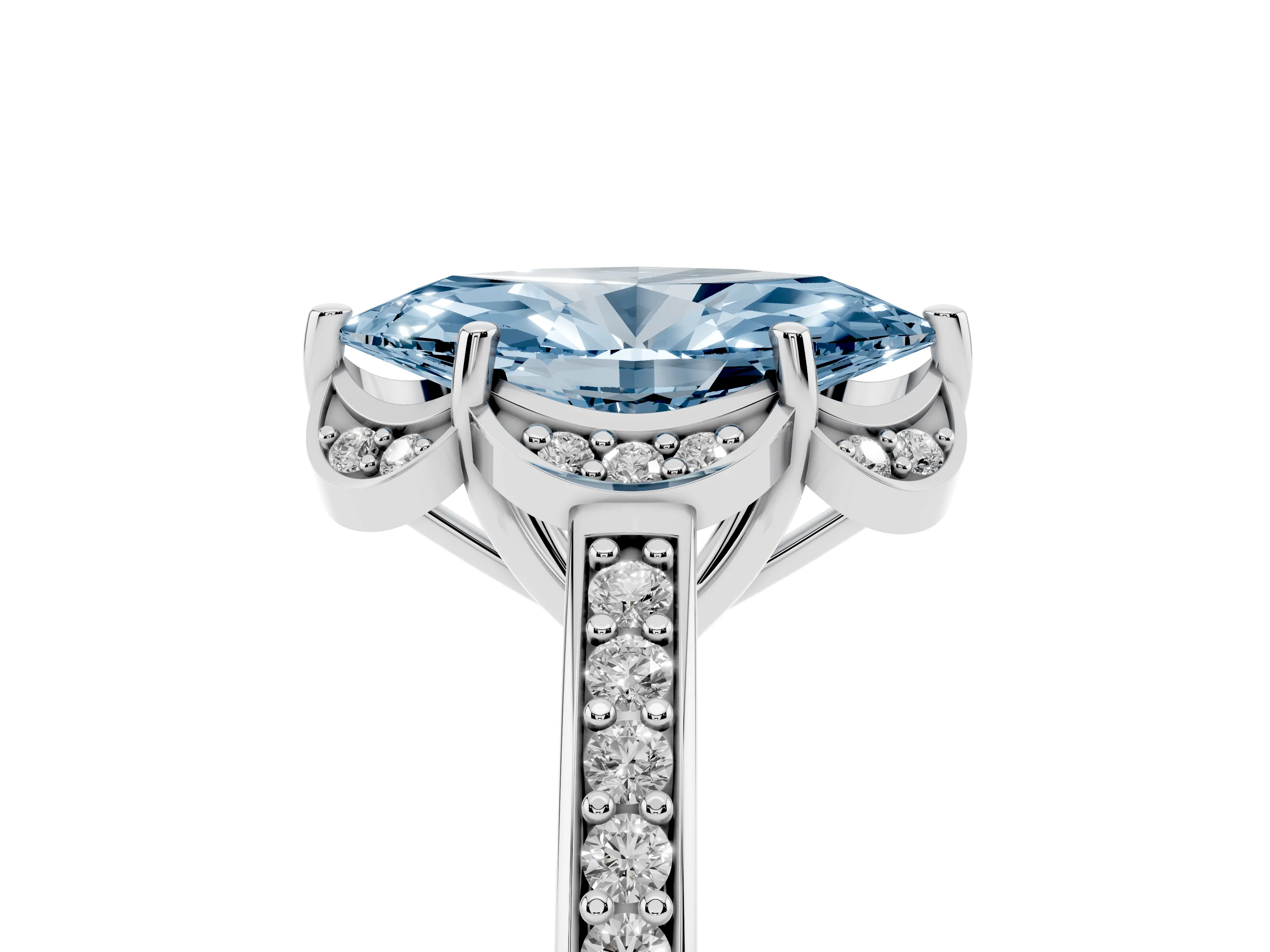 Fancy Blue Marquise Cut Diamond Halo Ring Set in White gold with Channel Set Band and Prong Setting