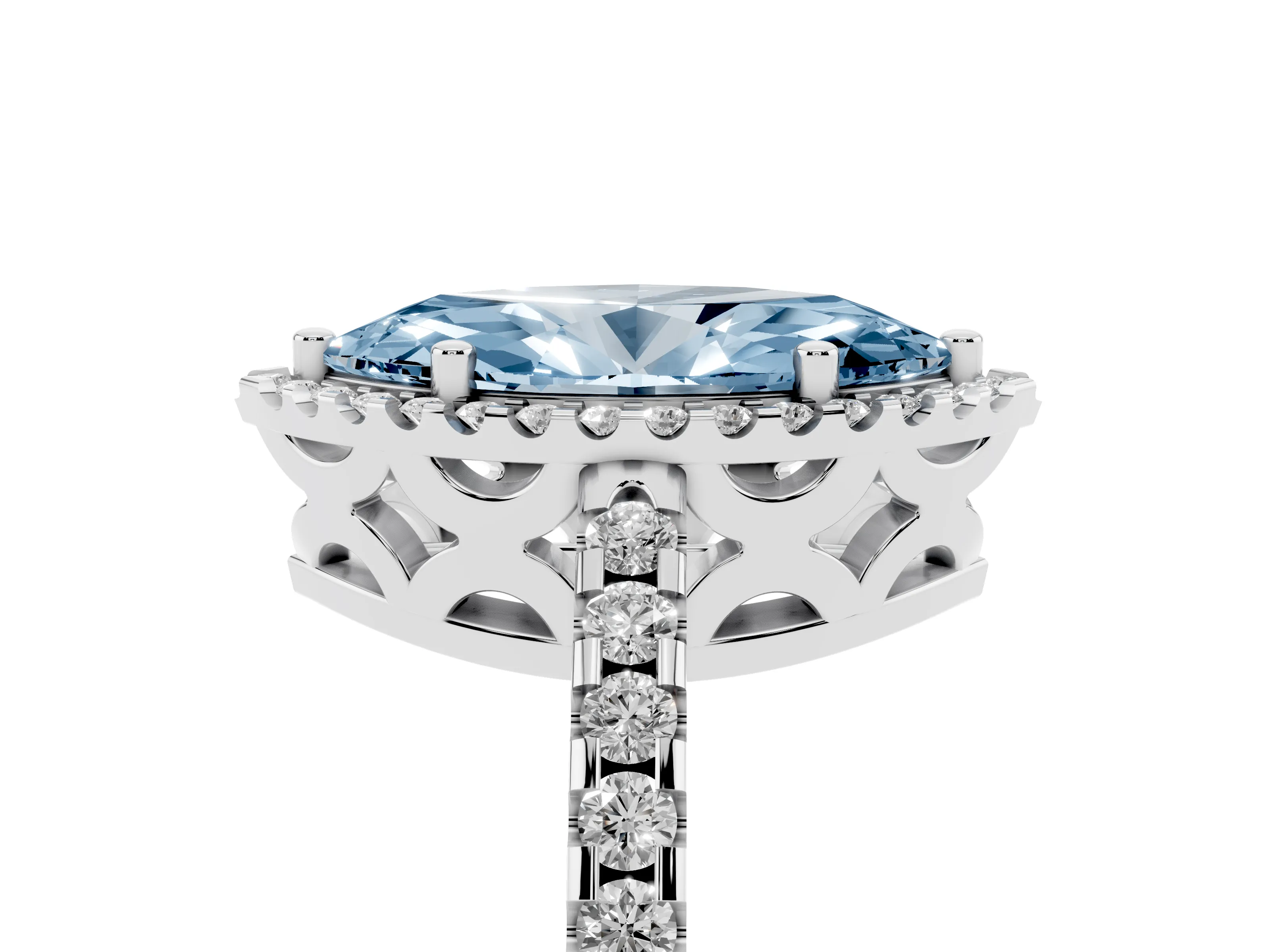 Fancy Blue Marquise Cut Diamond Halo Ring Set in Silver with Pavé Shoulders and Halo-Framed Center