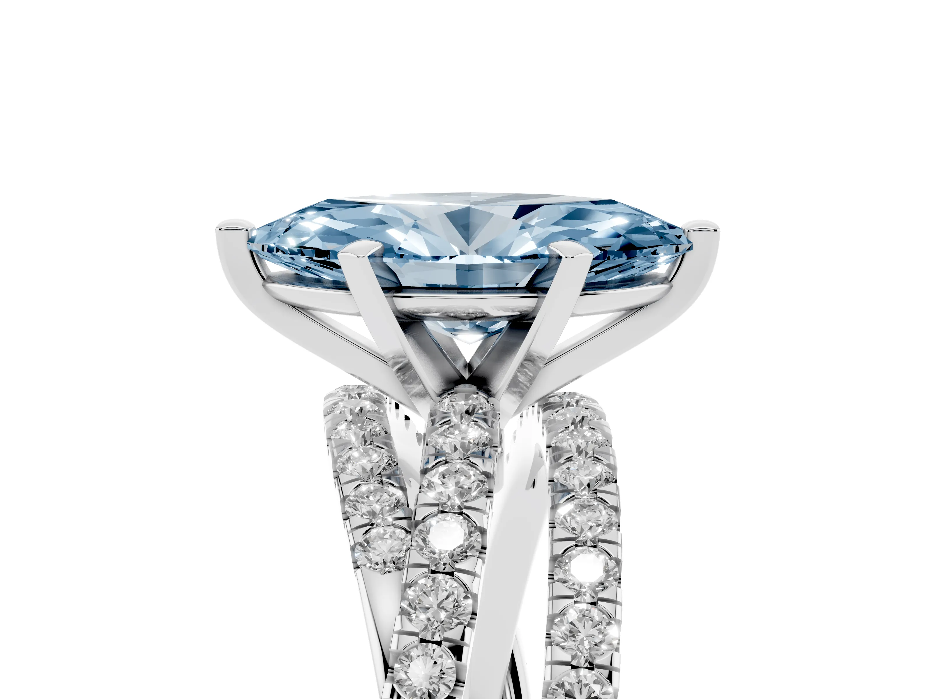 Fancy Blue Marquise Cut Diamond Solitaire Twist Band Ring Set in Silver with Pavé Setting and Prong Head