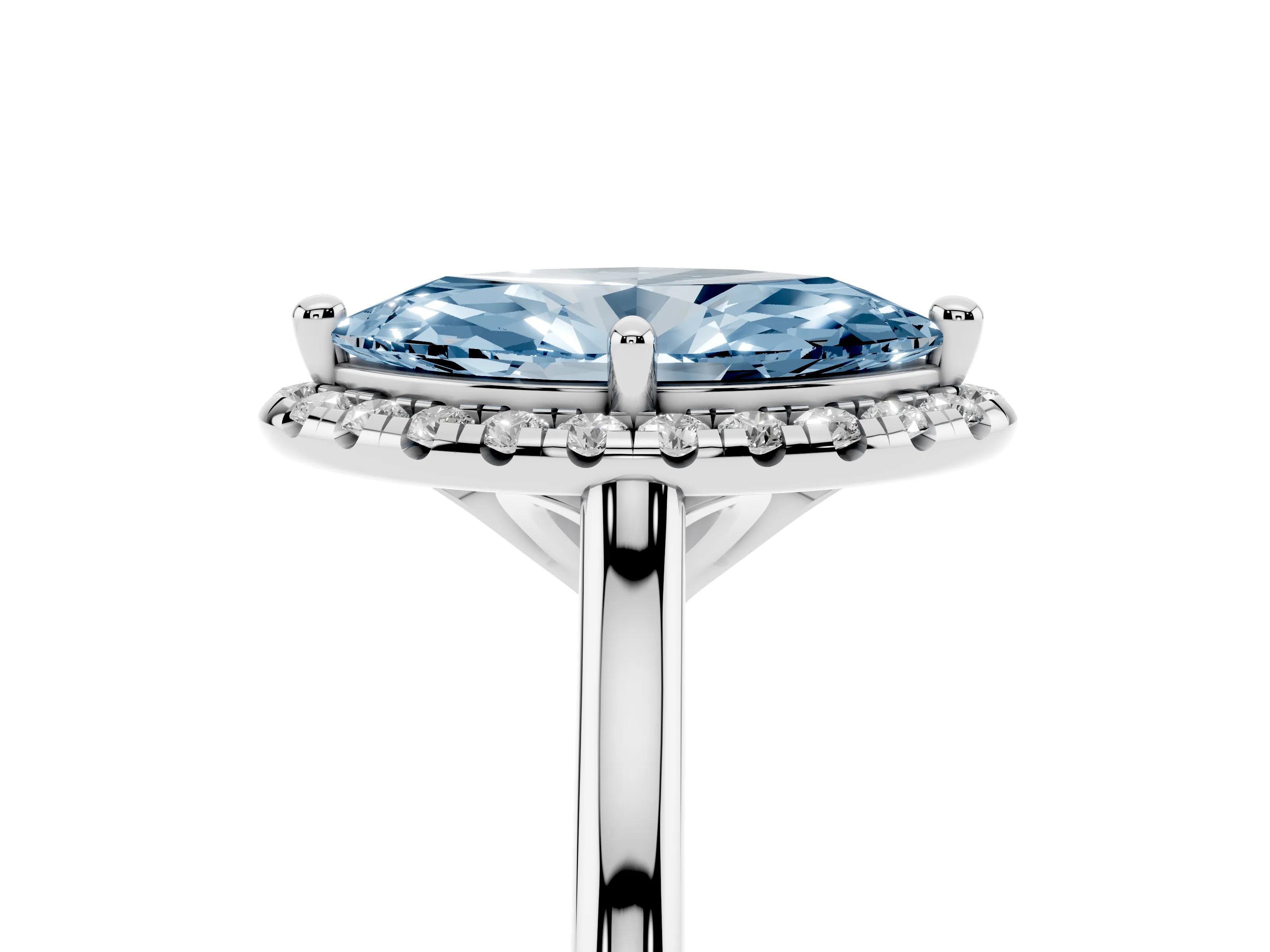 Fancy Blue Marquise Cut Diamond Halo Engagement Ring Set in Silver with Pavé Band and Rising Shoulders
