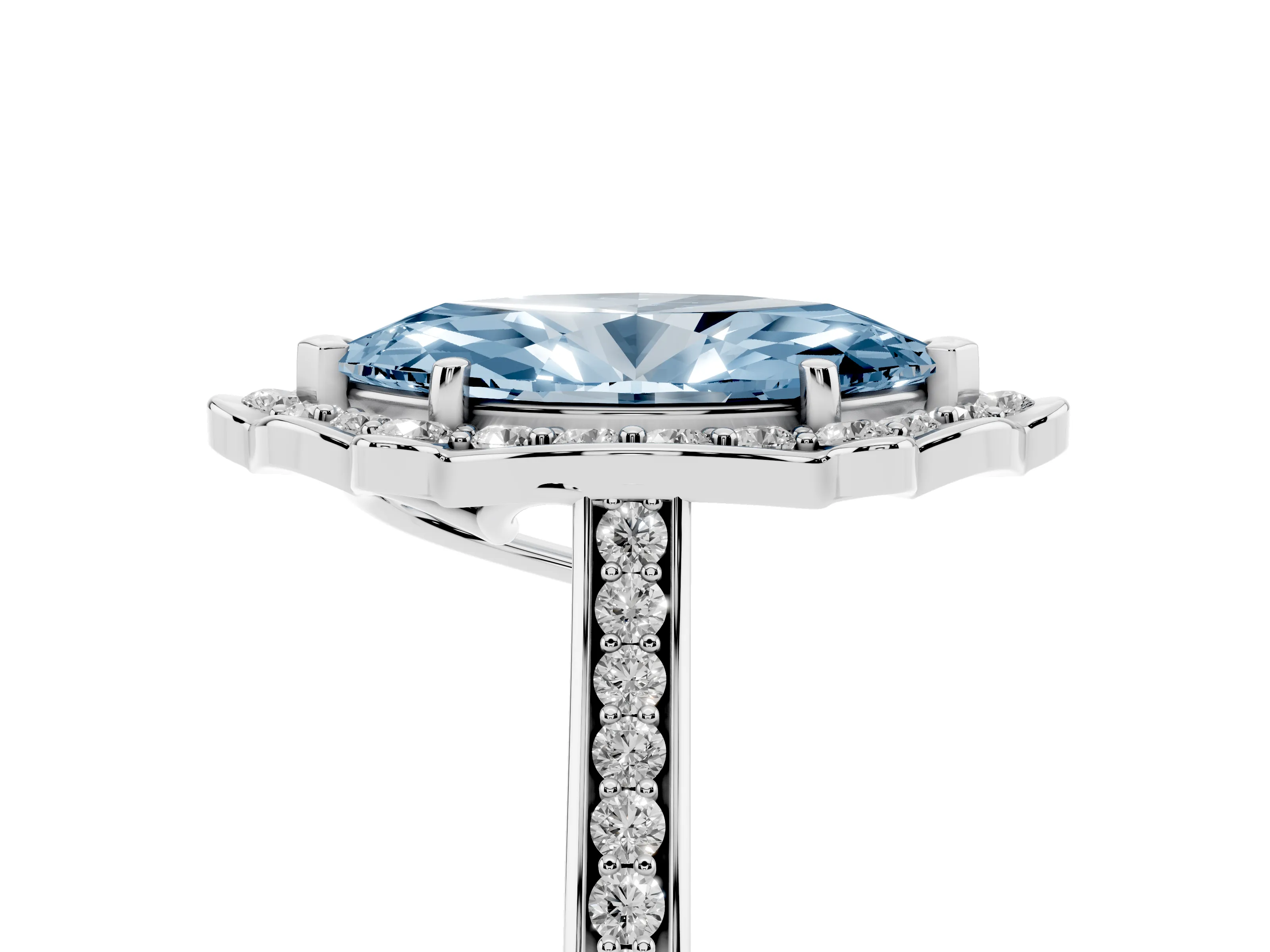 Fancy Blue Marquise Cut Diamond Halo Ring Set in White gold with Pavé-Lined Shoulders and Prong Setting