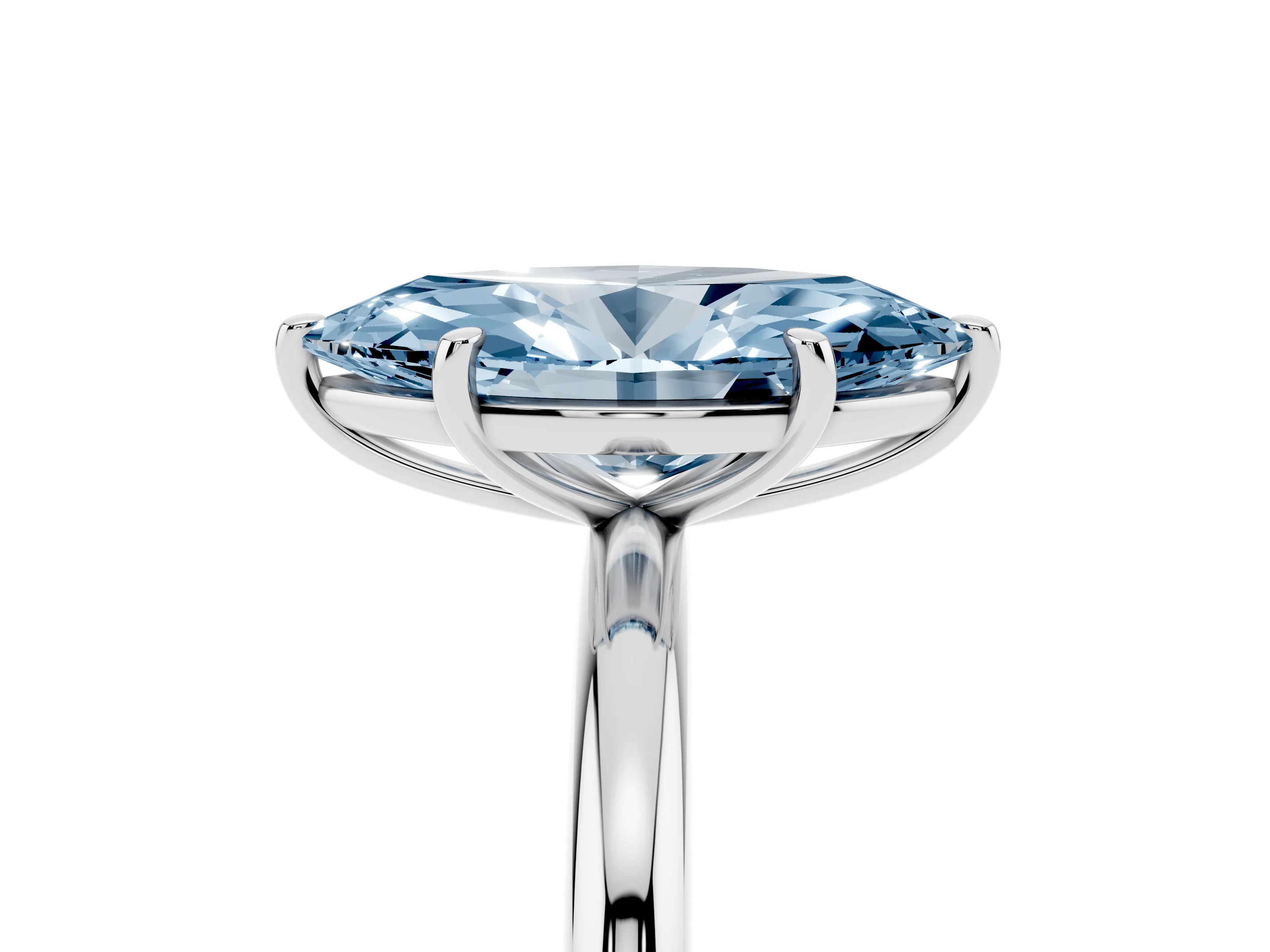 Fancy Blue Marquise Cut Diamond Solitaire Ring Set in Silver with Prong Setting on a Polished Plain Band