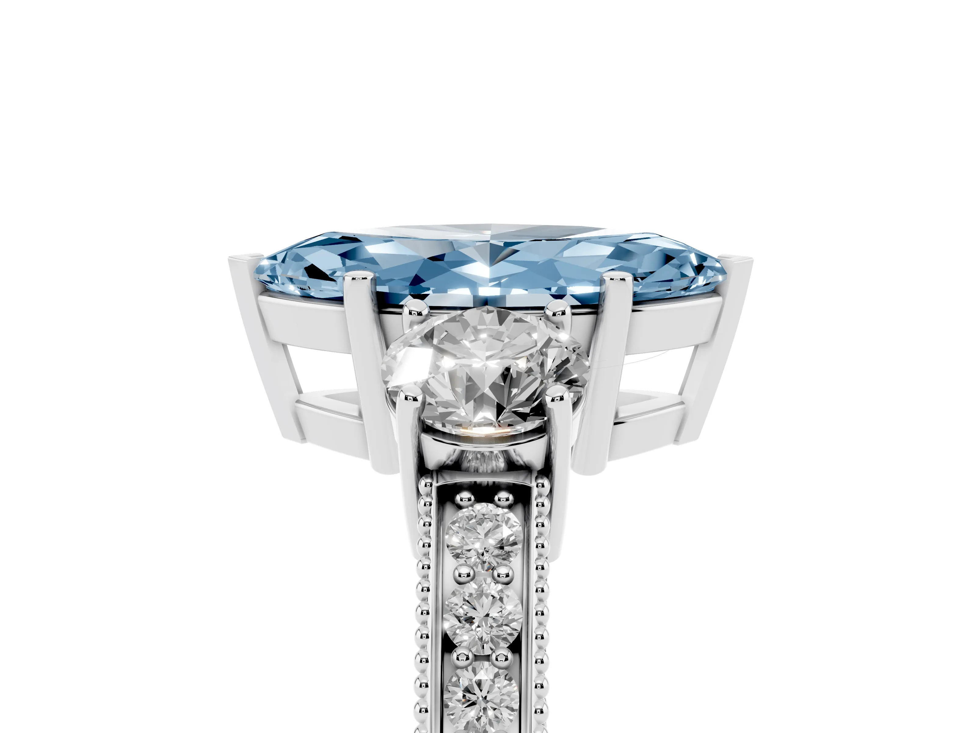 Fancy Blue Marquise Cut Diamond Three-Stone Ring Set in Platinum with Round Side Stones and Pavé Band