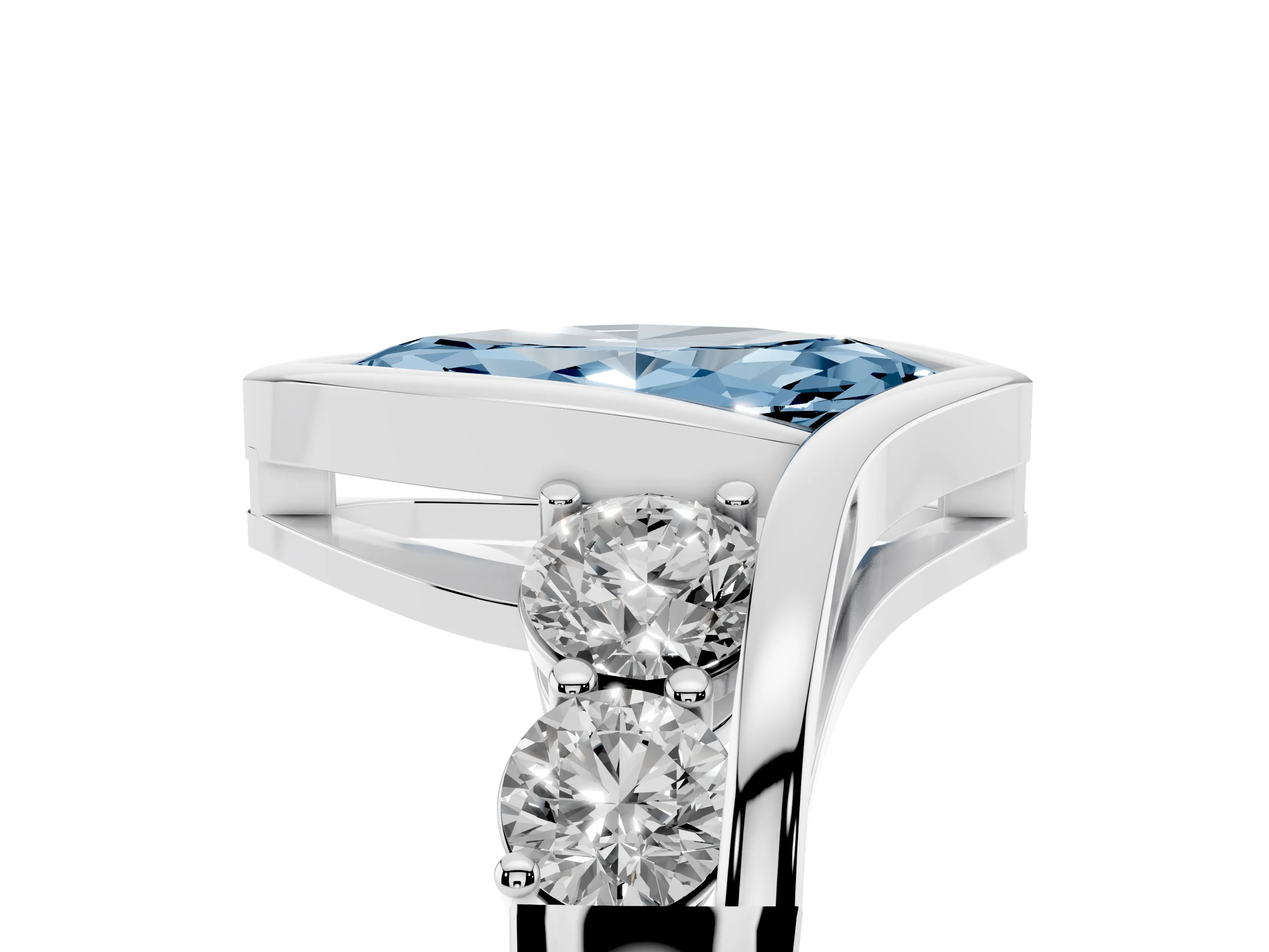 Fancy Blue Marquise Cut Diamond Bezel Bypass Ring Set in Platinum with Round Accents