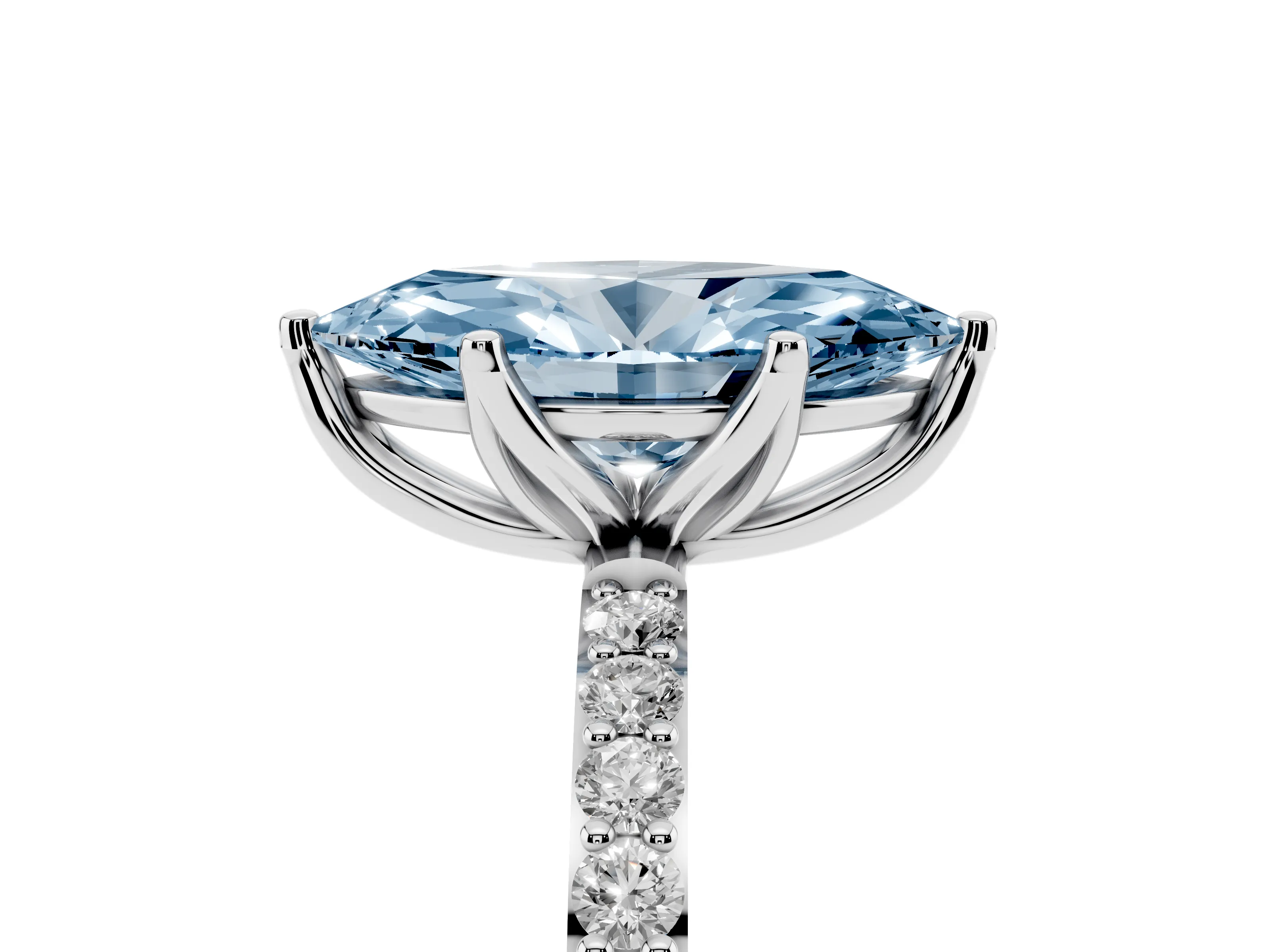 Fancy Blue Marquise Cut Diamond Solitaire Engagement Ring Set in Silver with Round Pavé Band and Prong Setting