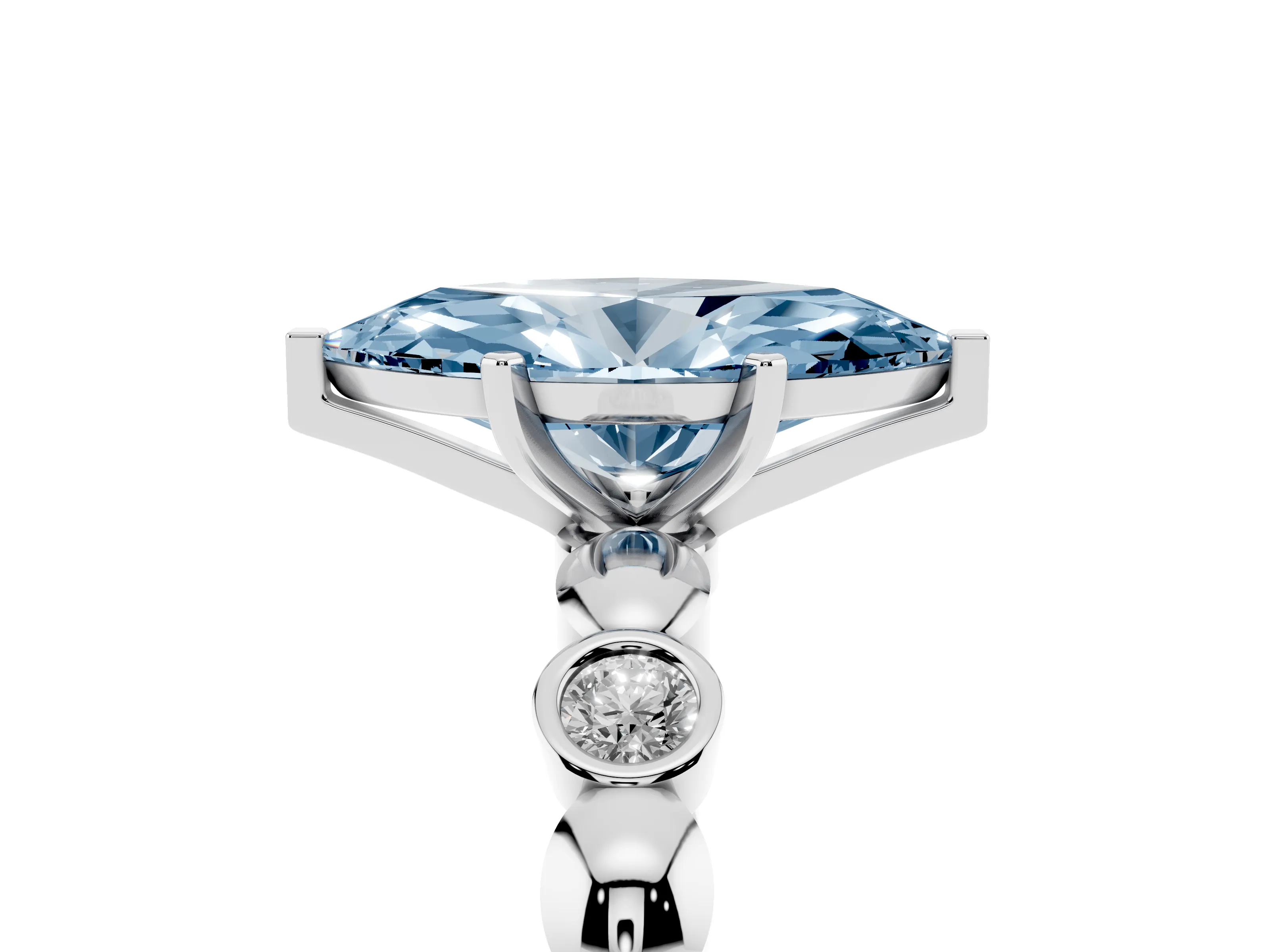 Fancy Blue Marquise Cut Diamond Solitaire Ring Set in Silver with Bezel-Set Accents on Beaded Band and Prong Setting