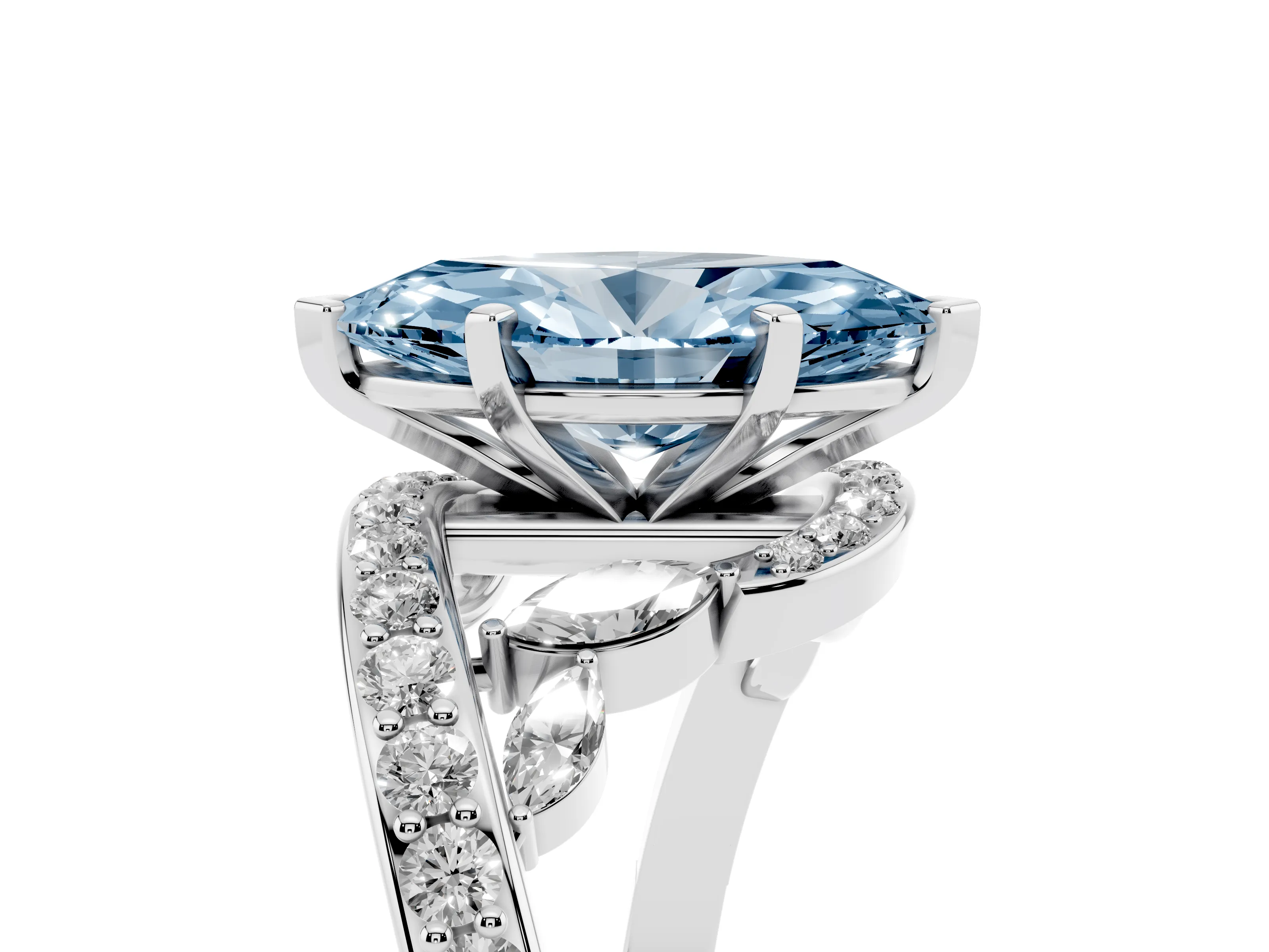 Fancy Blue Marquise Cut Diamond Solitaire Ring Set in White gold with Pavé Twist Band and Secure Prong Setting