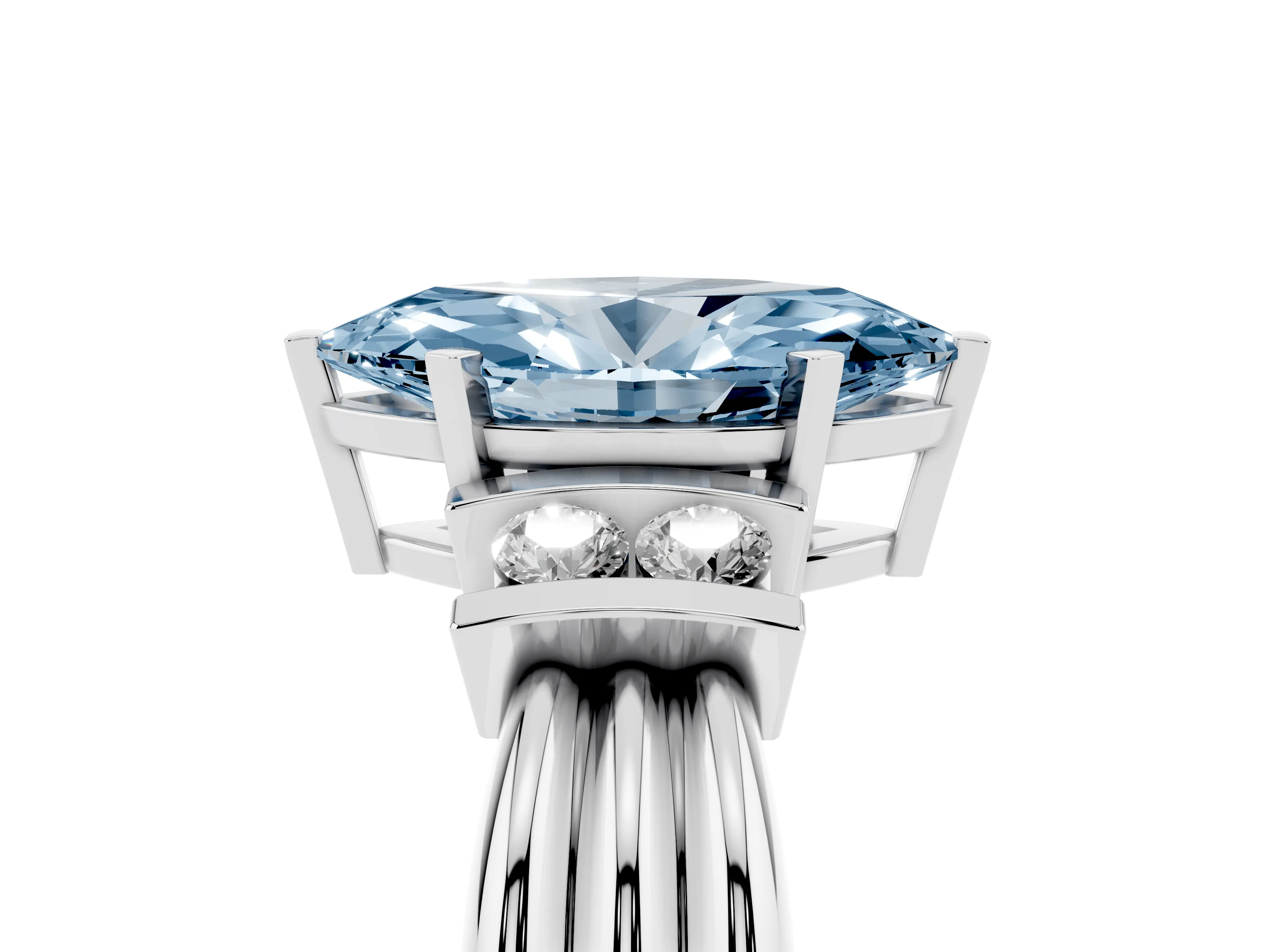 Fancy Blue Three-Stone Marquise Cut Diamond Channel Set Ring Set in Platinum with Bar Prongs