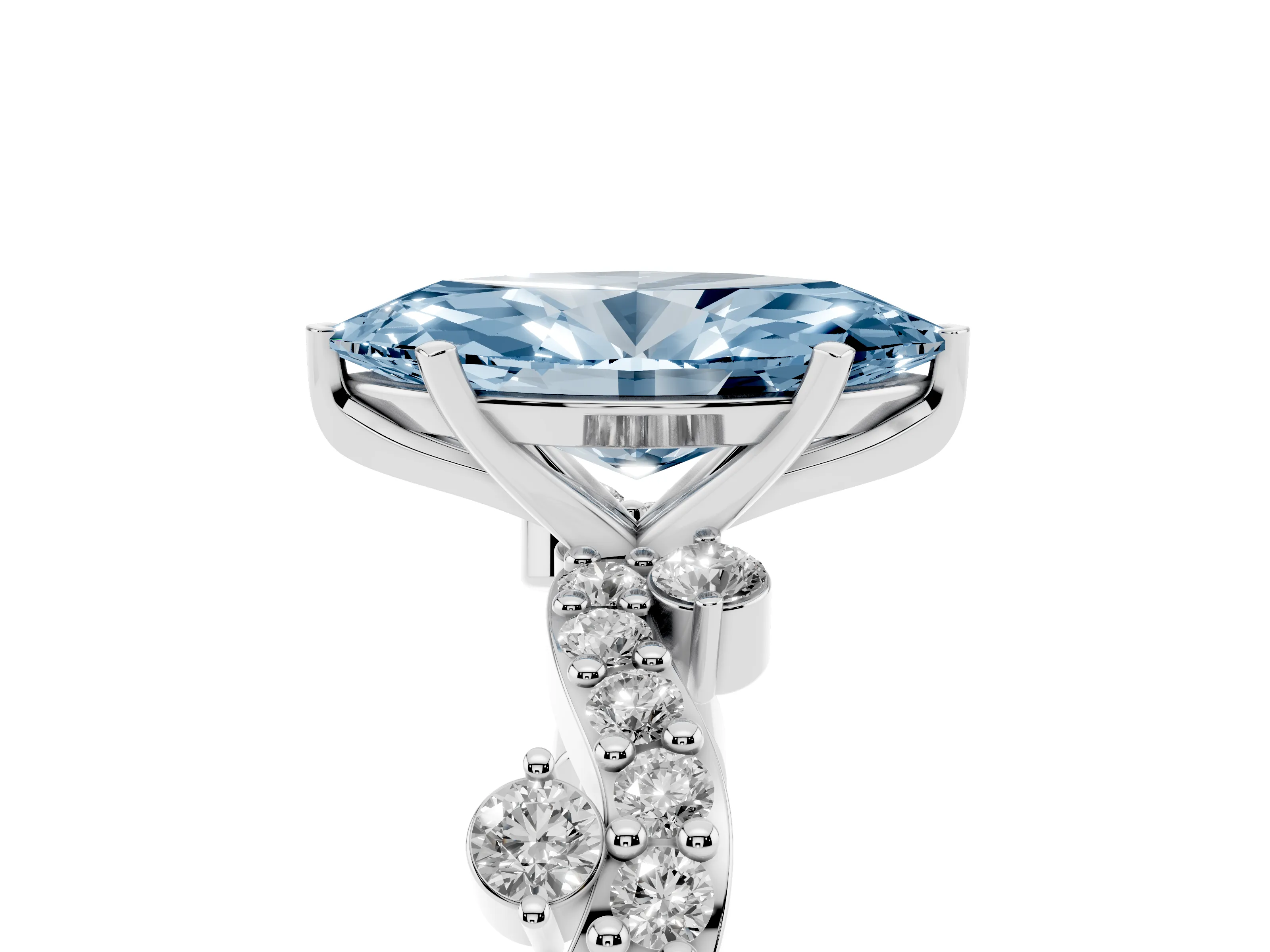 Fancy Blue Marquise Cut Diamond Solitaire Twisted Band Set in White gold with Pavé Setting
