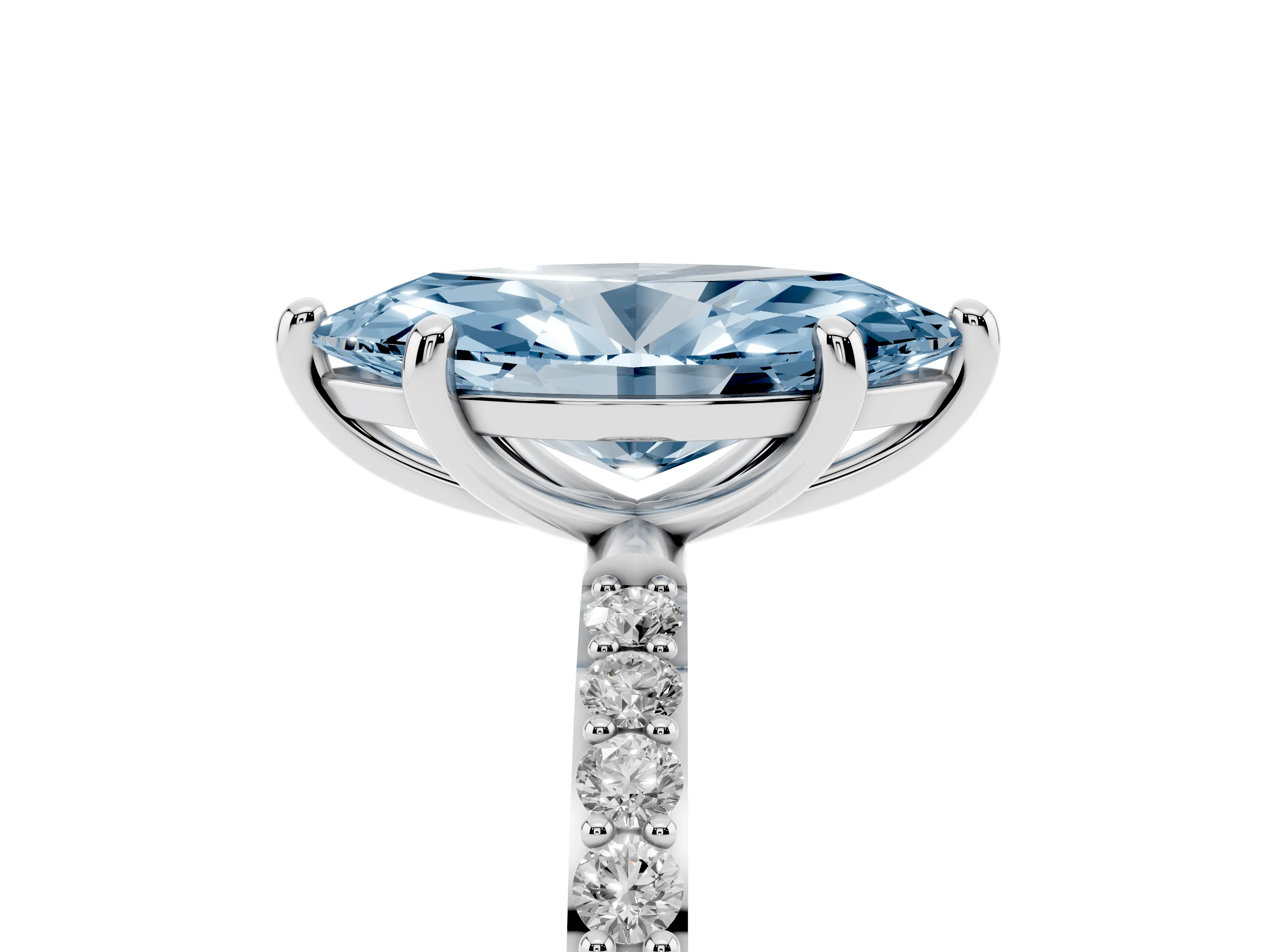 Fancy Blue Marquise Cut Diamond Solitaire Ring Set in Platinum with Round Pavé Band and Prong Setting