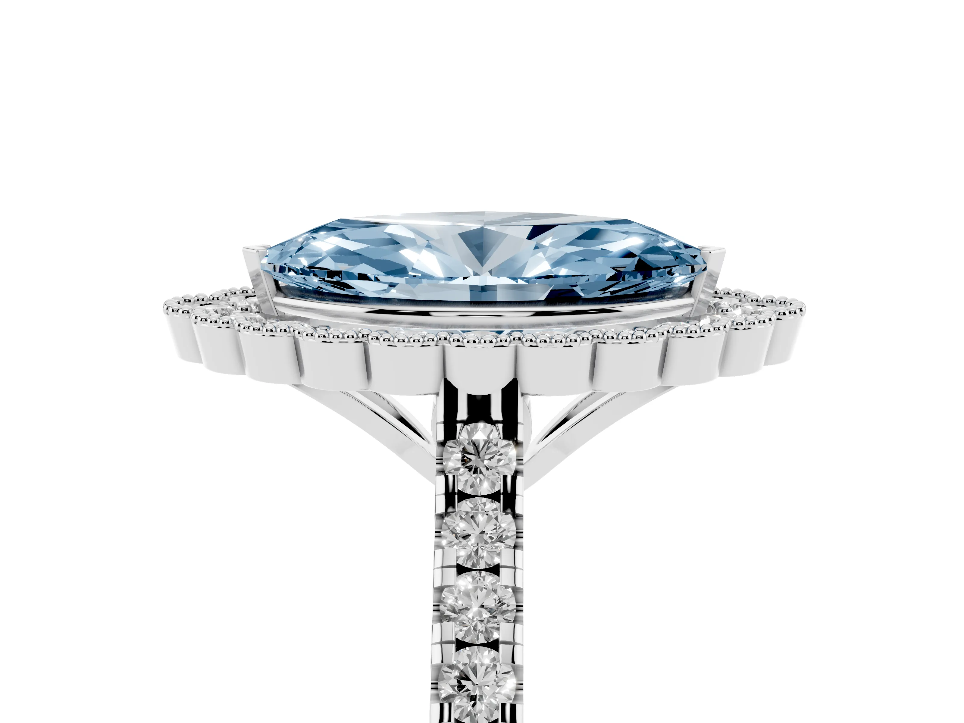 Fancy Blue Marquise Cut Diamond Milgrain Floral Halo Engagement Ring Set in White gold with Pavé Band