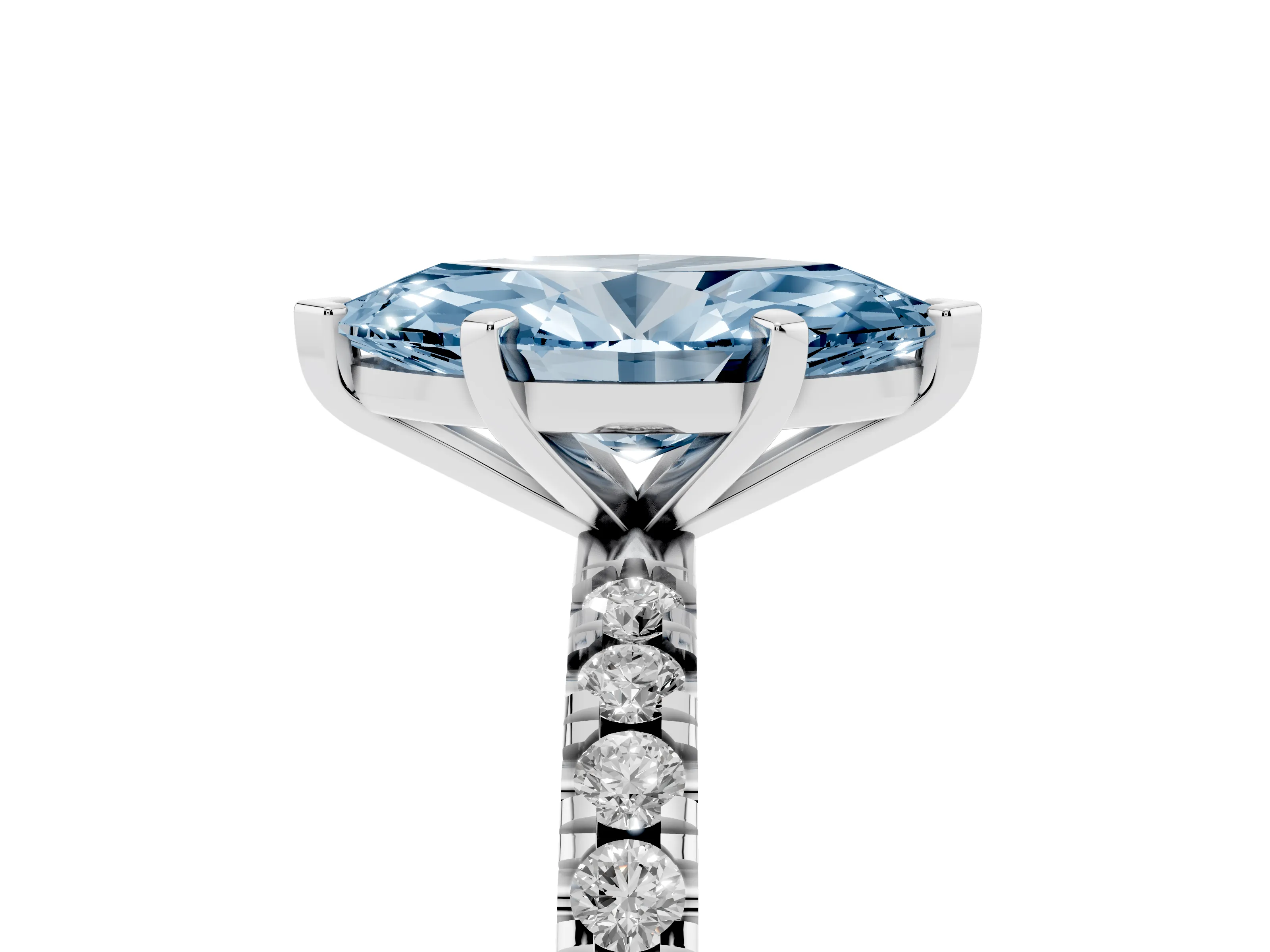 Fancy Blue Marquise Cut Diamond Pavé Band Solitaire Set in White gold with Prong Setting