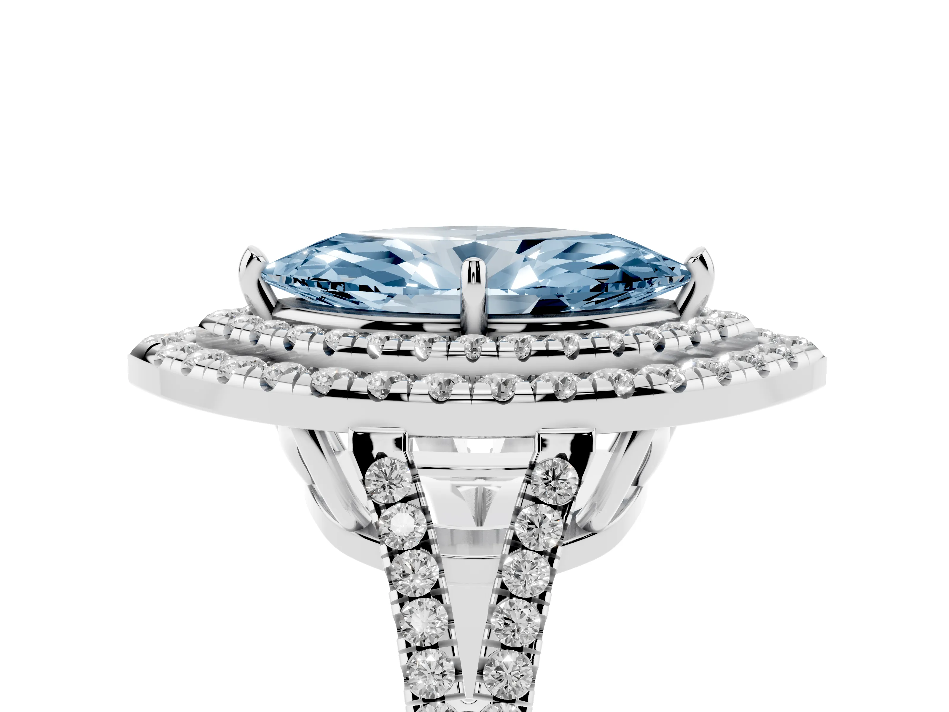 Fancy Blue Marquise Cut Diamond Double Halo Ring Set in Silver with Pavé Band