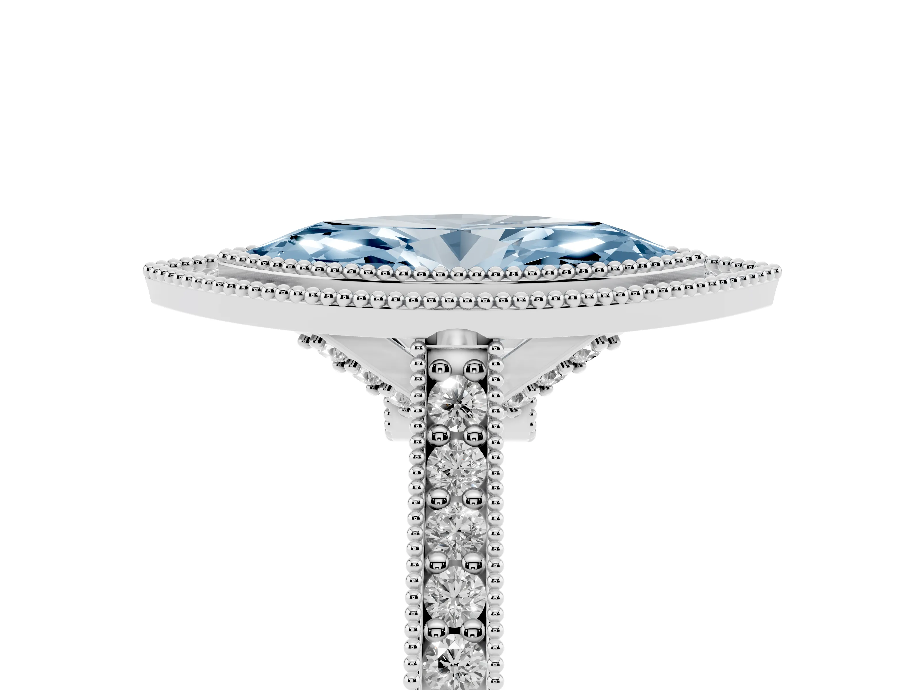 Fancy Blue Marquise Cut Diamond Halo Milgrain Pavé Band Ring Set in White gold with Prong Setting