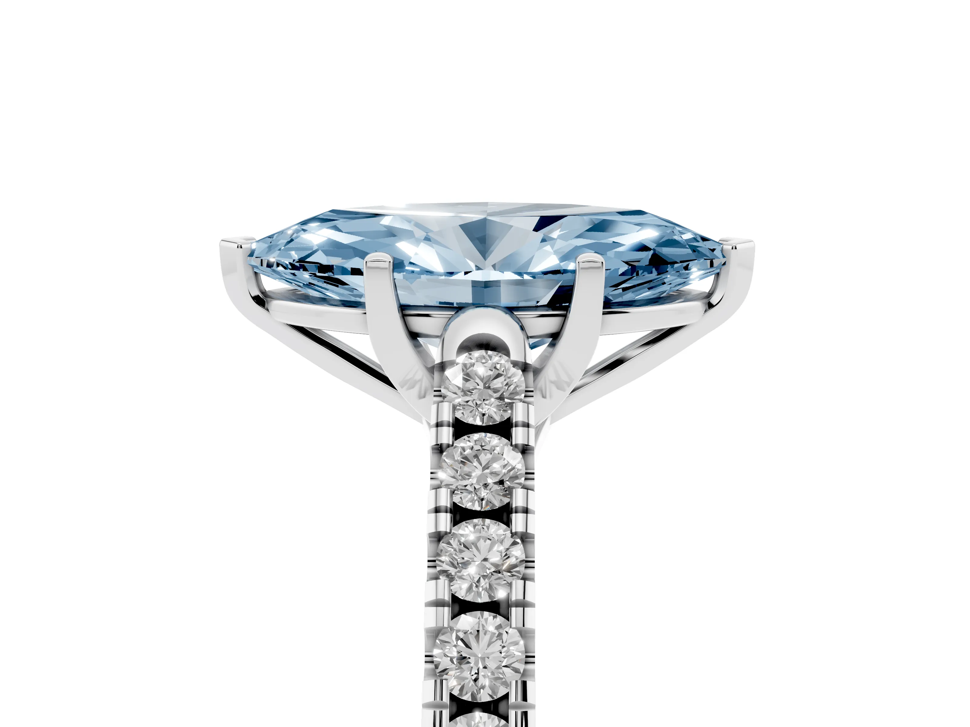 Fancy Blue Marquise Cut Diamond Pavé Band Solitaire Ring Set in White gold with Partway Accent Stones and Prong Setting