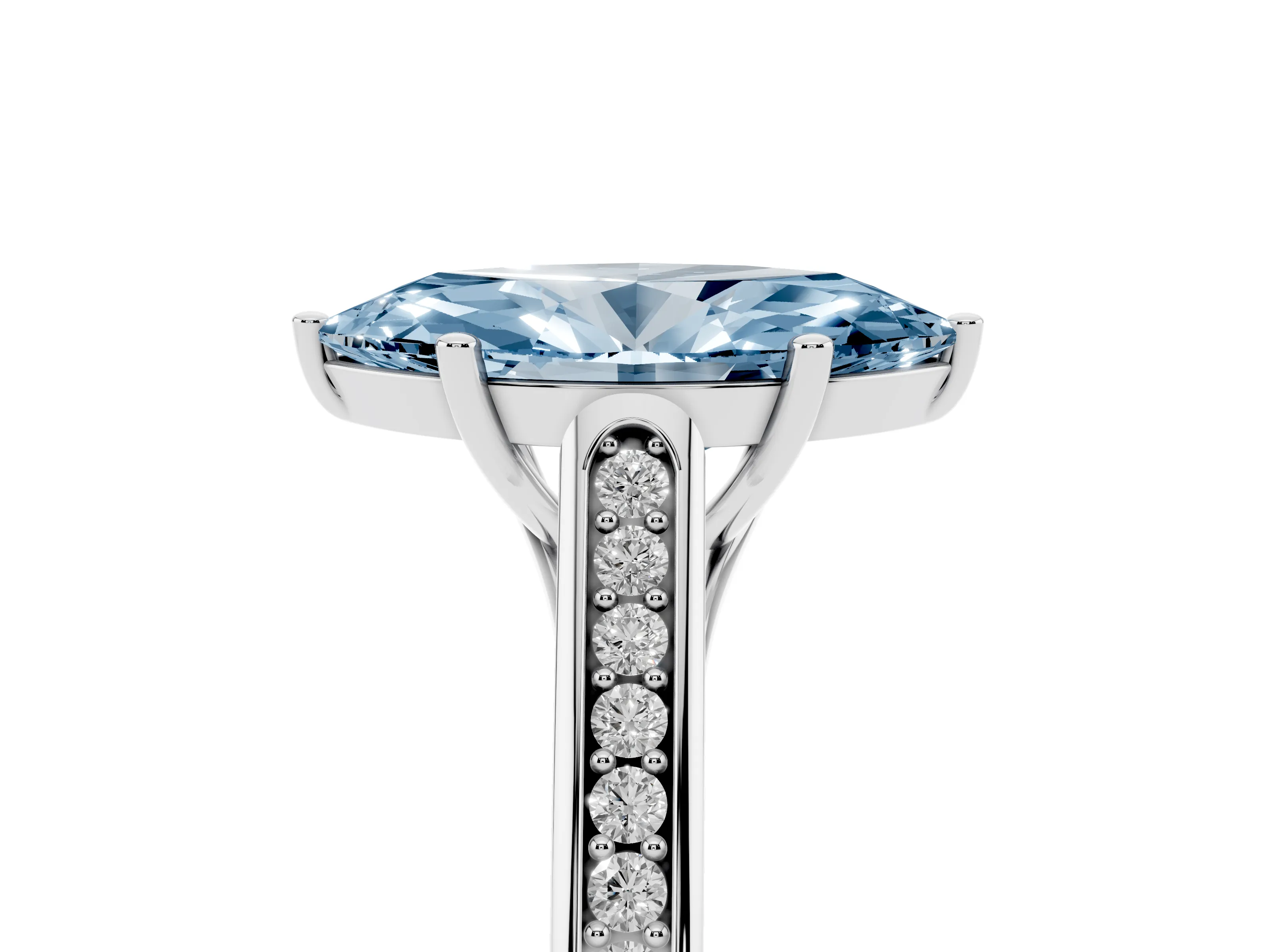Fancy Blue Marquise Cut Diamond Solitaire Cathedral Engagement Ring Set in White gold with Channel-Set Band and Prong Setting